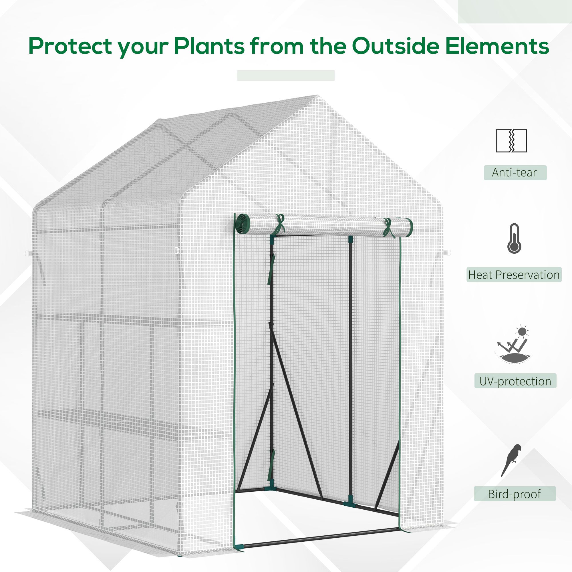 Outsunny Walk In Greenhouse with 2 Tier Shelf, Portable Gardening Plant Grow House Tomato Greenhouse with Roll up Zip Panel Door, Reinforced PE Cover, 143 x 143 x 195cm, Green 4