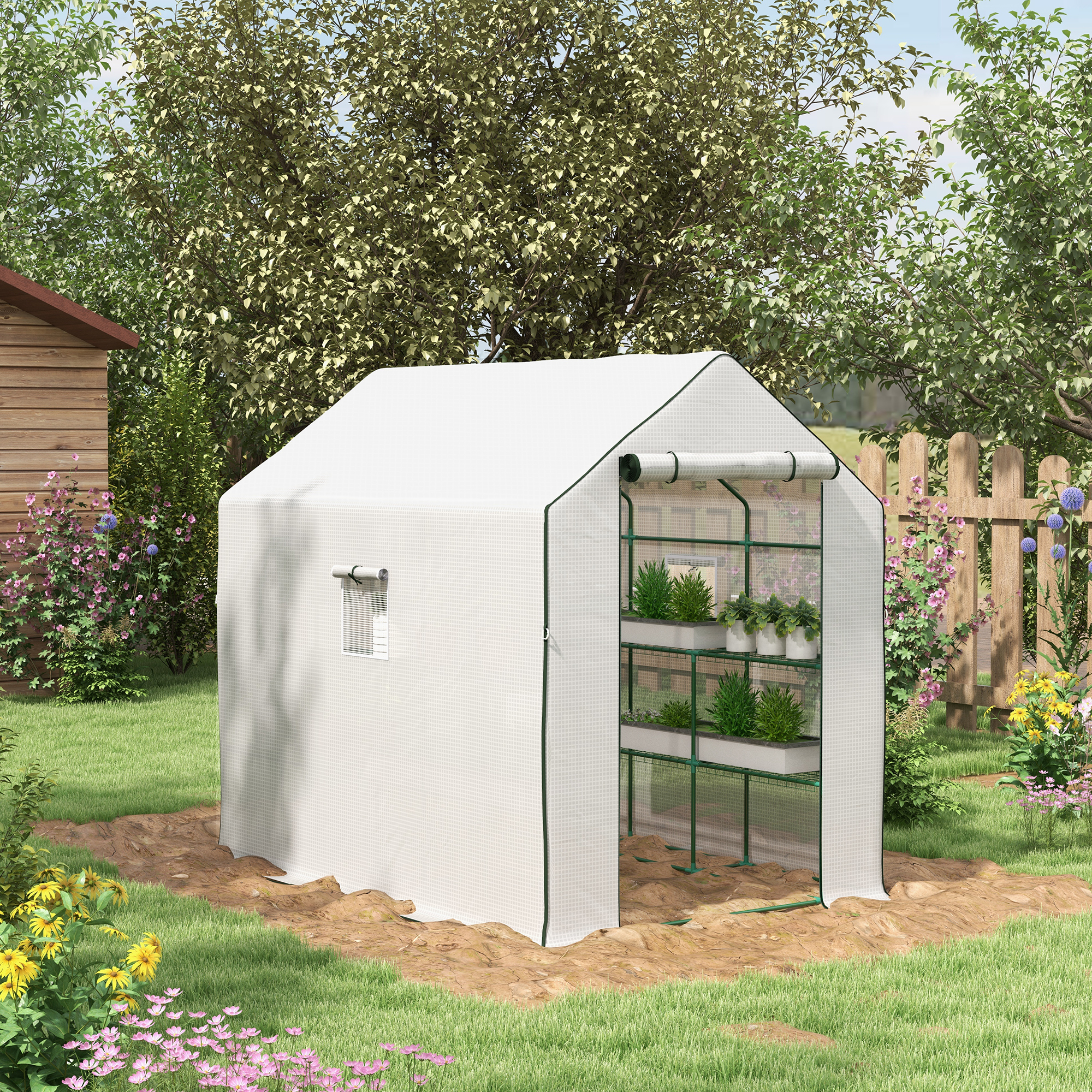 Outsunny Walk-in Greenhouse with 3 Tier 12 Shelves, Small Greenhouse with Reinforced PE Cover, Garden Plant Growhouse with Roll-up Door and Three Mesh Windows, 140 x 213 x 190 cm, White 2
