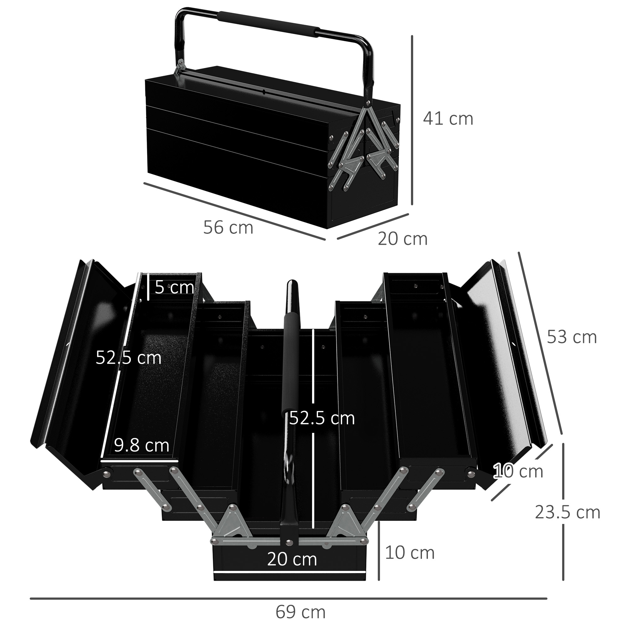 DURHAND 3 Tier Metal Toolbox, 5 Tray Professional Portable Tool Box with Carry Handle for Workshop, 56cmx20cmx34cm, Black 3