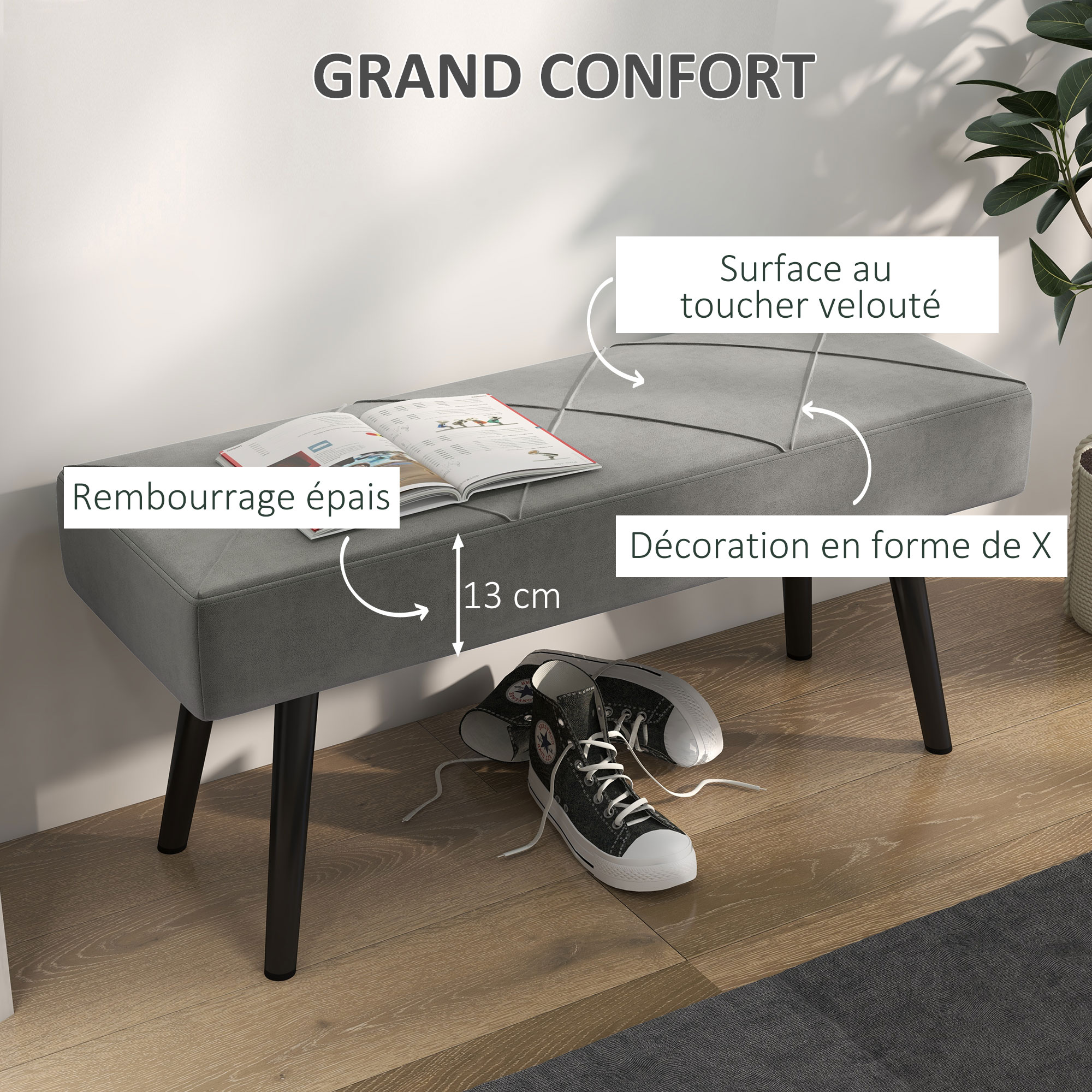 Banc Bout De Lit HOMCOM – 100x36x45 Cm, Velours Côtelé Gris, Pieds Acier Noir – Charge 220 Kg, Pour Entrée, Salon, Chambre