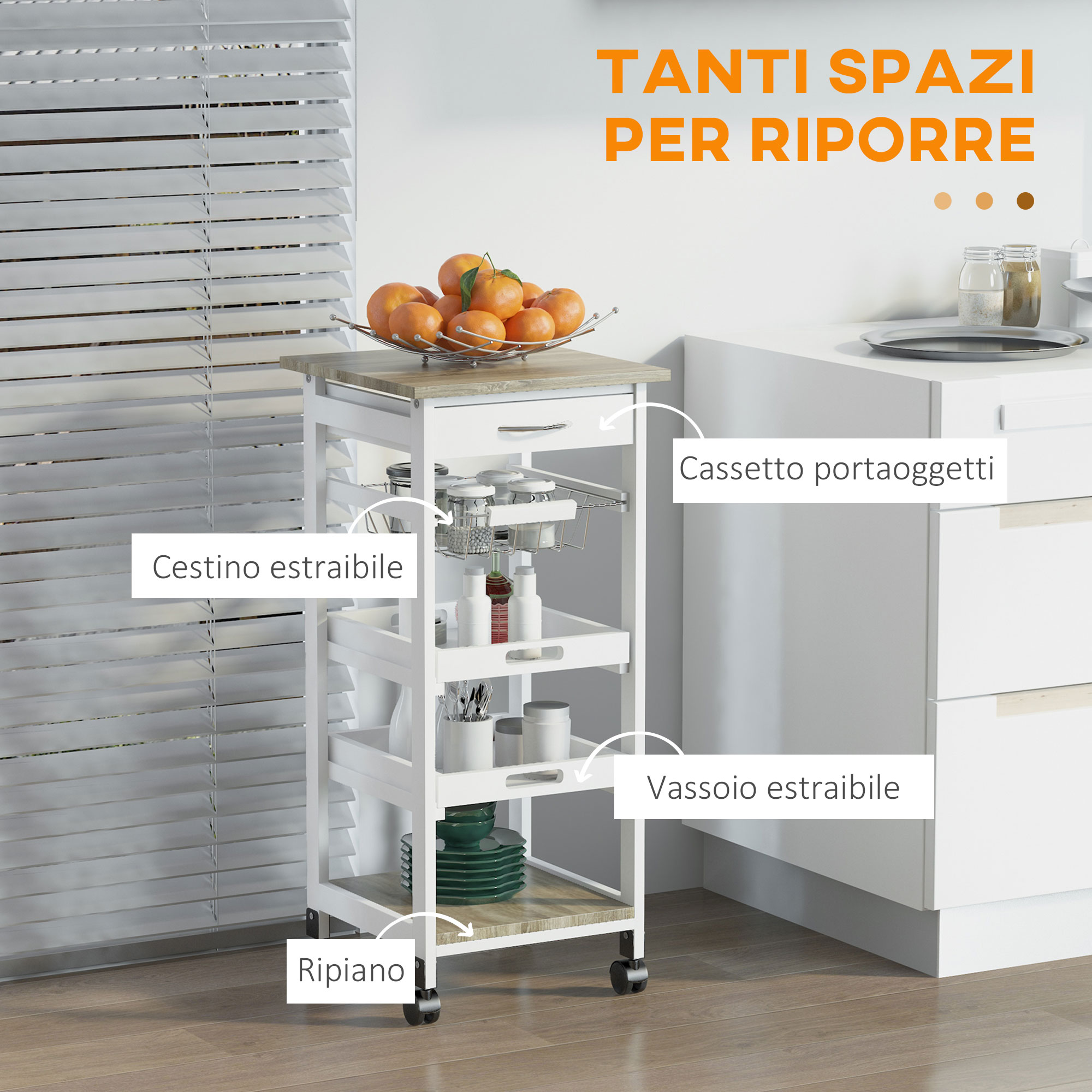 King Home C1820086 Carrello Da Cucina In Legno Bianco: 3 Ripiani Con Cassetto E 4 Ruote Girevoli, Mobiletto Portatutto Per Cucina, Sala O Ufficio