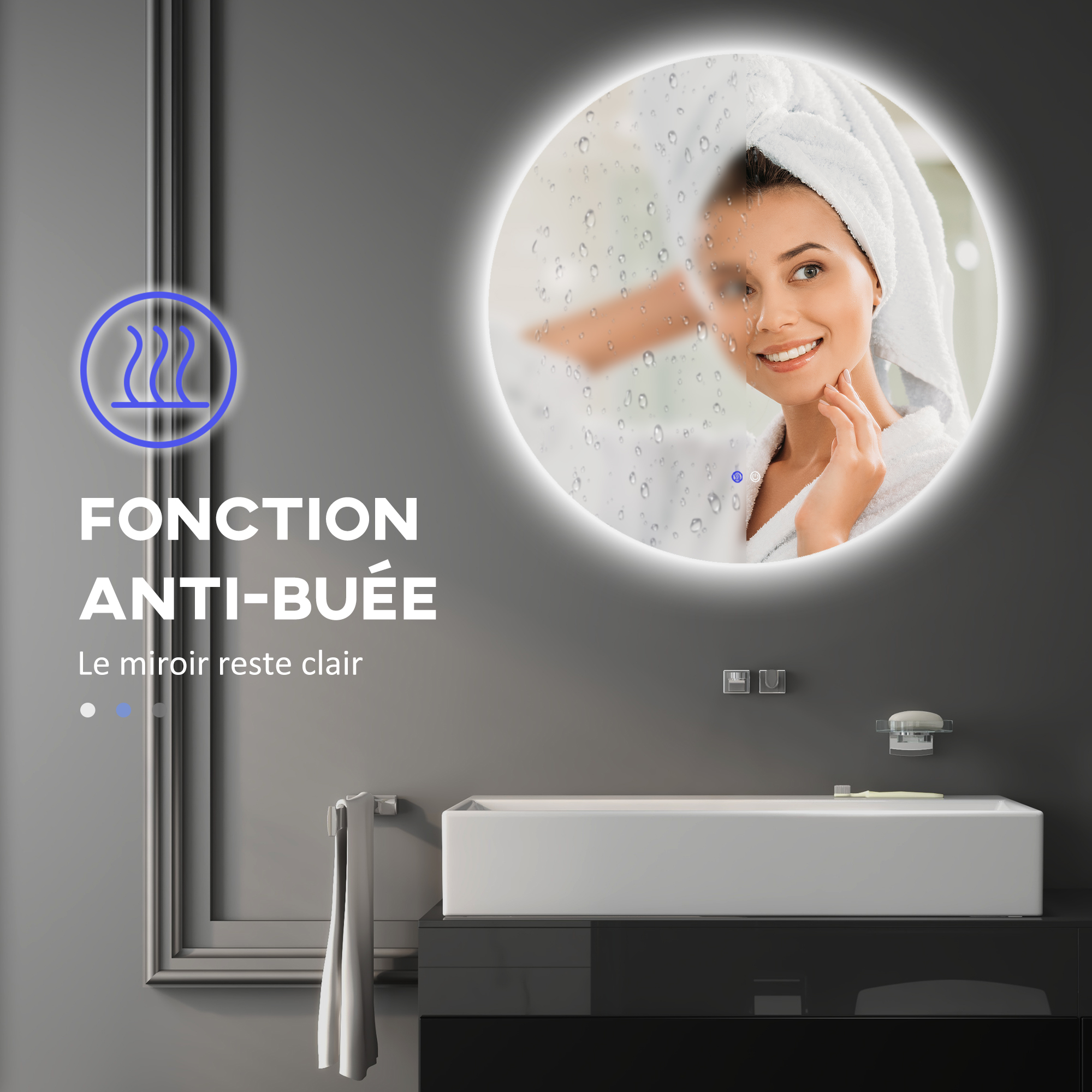 Miroir LED Antibuée Salle De Bain Ø60 Cm - 3 Lumières, Tactile Et Élégant