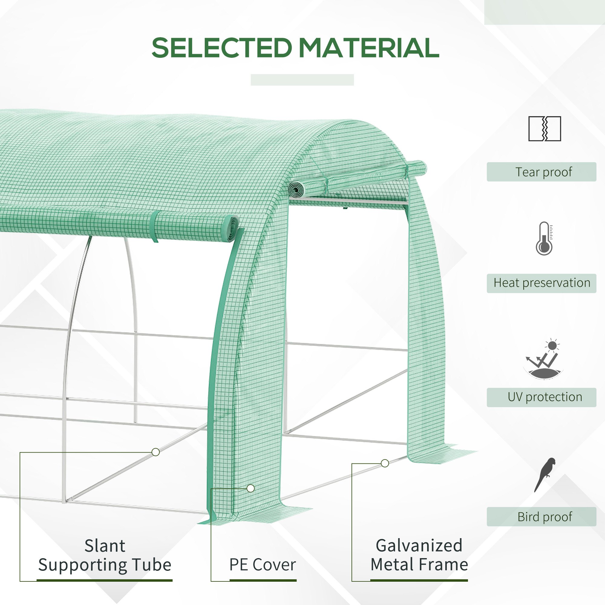 Outsunny Polytunnel Greenhouse Walk-in Grow House Tent with Roll-up Sidewalls, Zipped Door and 8 Windows, 4x3x2m Green 4