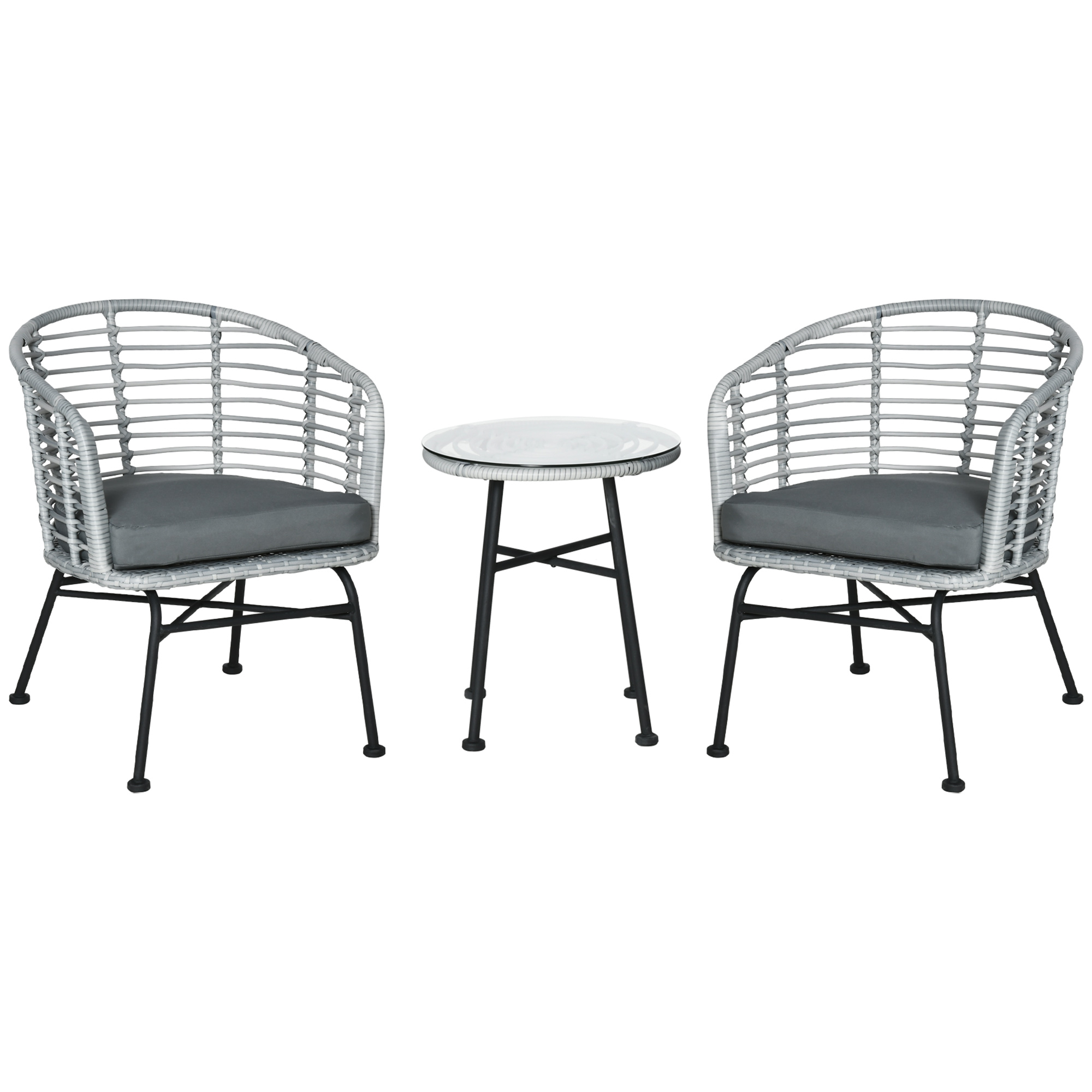 Image of Outsunny Set Mobili da Giardino 3 Pezzi in Rattan, Salotto da Esterno con 1 Tavolino e 2 Sedie per Terrazza e Bistrò, Grigio Aosom006