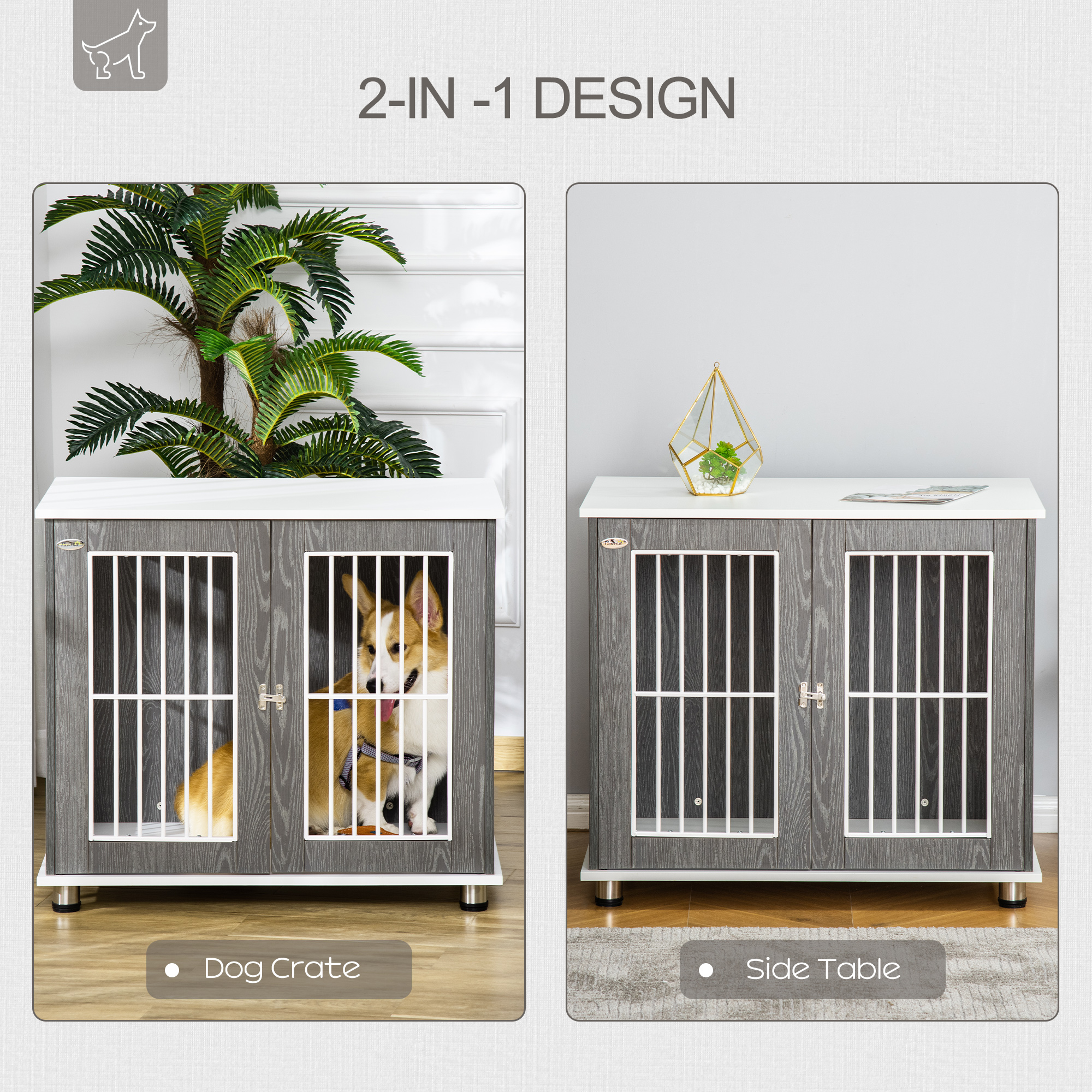 PawHut Dog Crate Wooden Pet Kennel Cage End Table w/ Lockable Door for Small Medium Dog Grey & White 85 x 55 x 75 cm 4