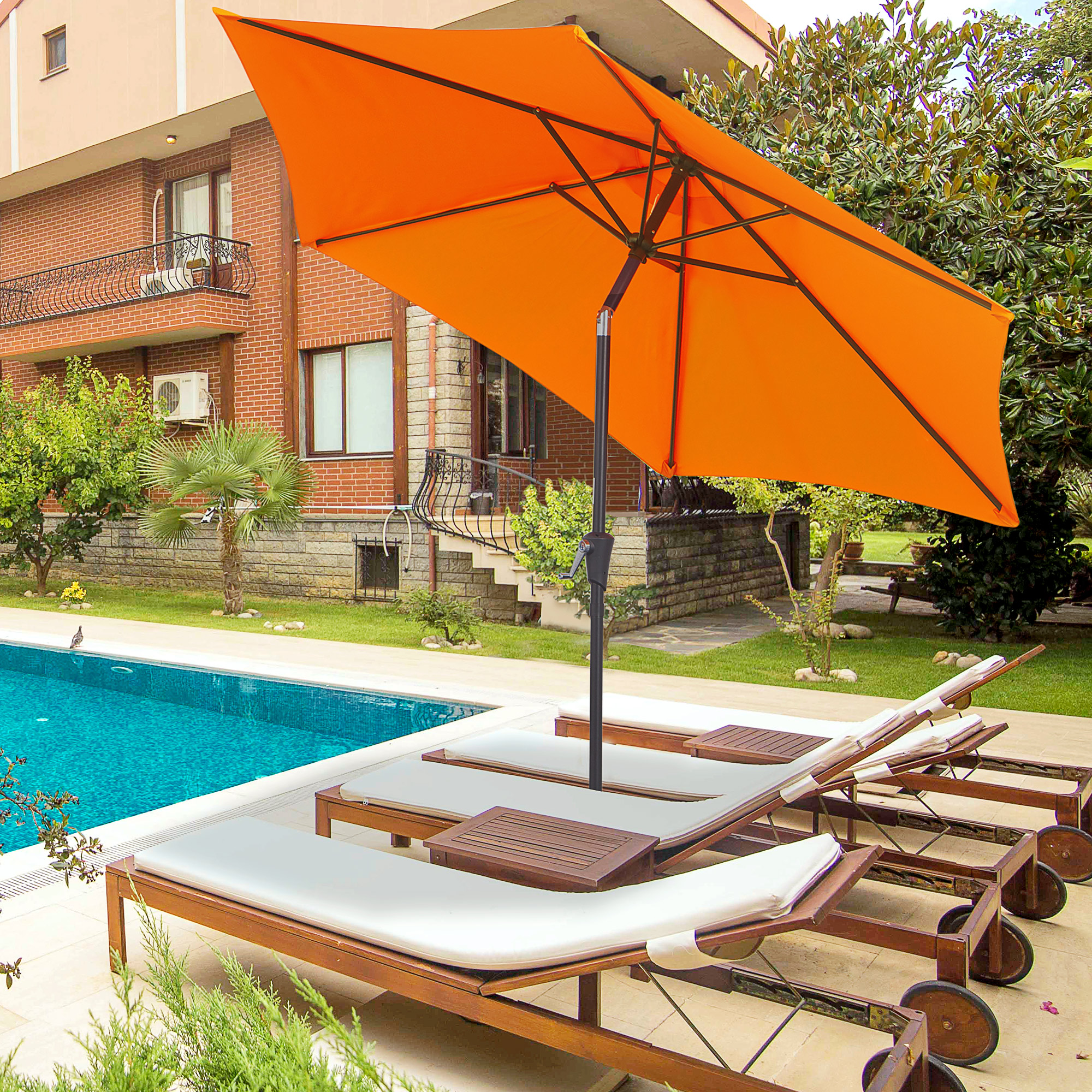 Outsunny 2.6M Garden Parasol Umbrella with Tilt and Crank, Outdoor Sun Parasol Sunshade Shelter with Aluminium Frame, Orange 2