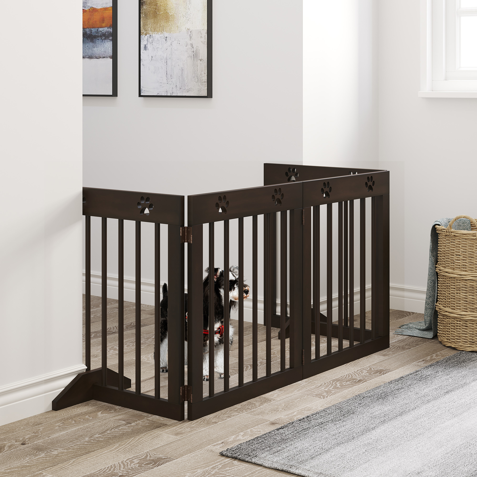 PawHut Freestanding Pet Gate 4 Panel Wooden Dog Barrier Folding Safety Fence with Support Feet up to 204cm Long 61cm Tall for Doorway Stairs Brown 2