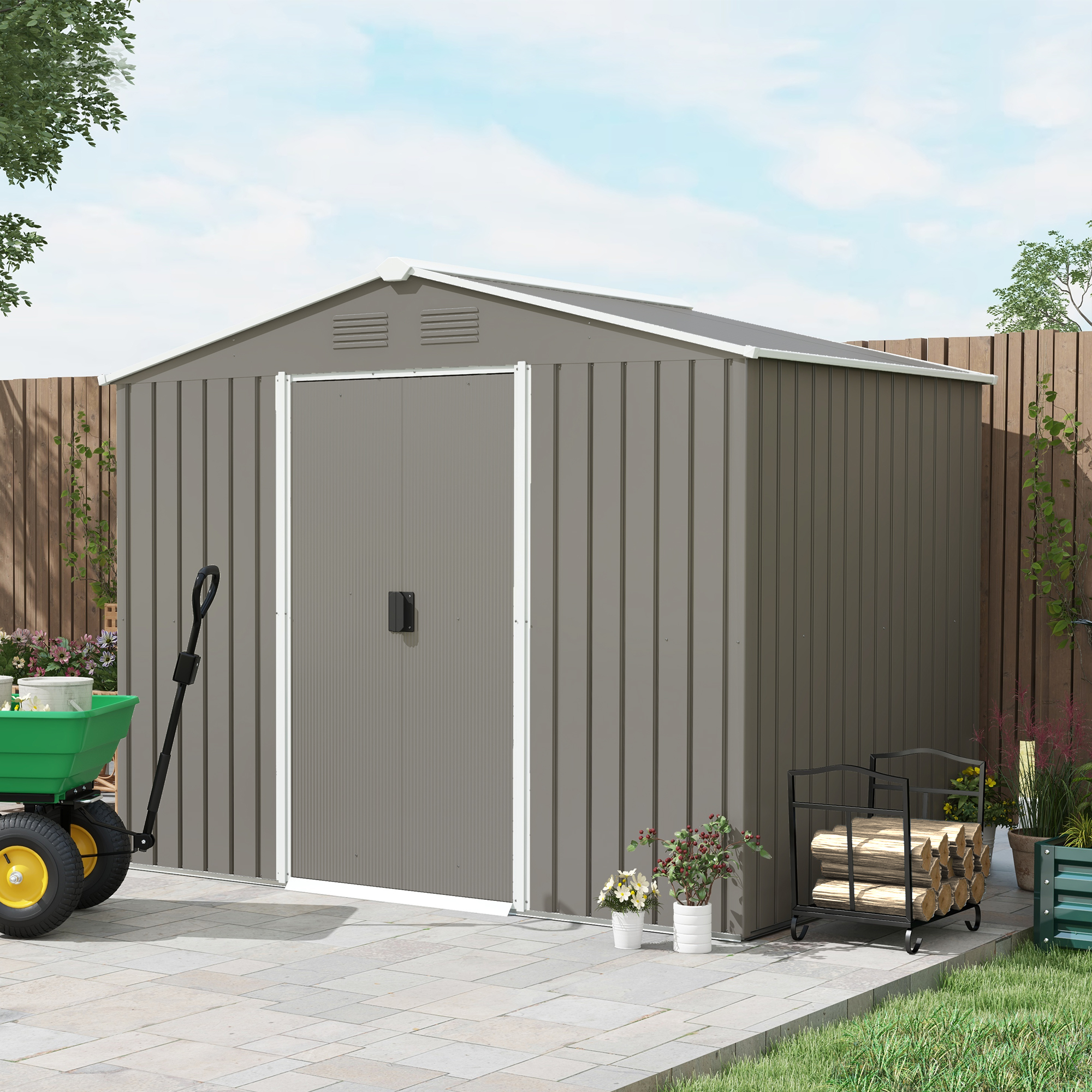 Outsunny 7.7 x 5.7ft Outdoor Garden Storage Shed, Metal Tool House with Ventilation and Sliding Doors, Light Grey 9