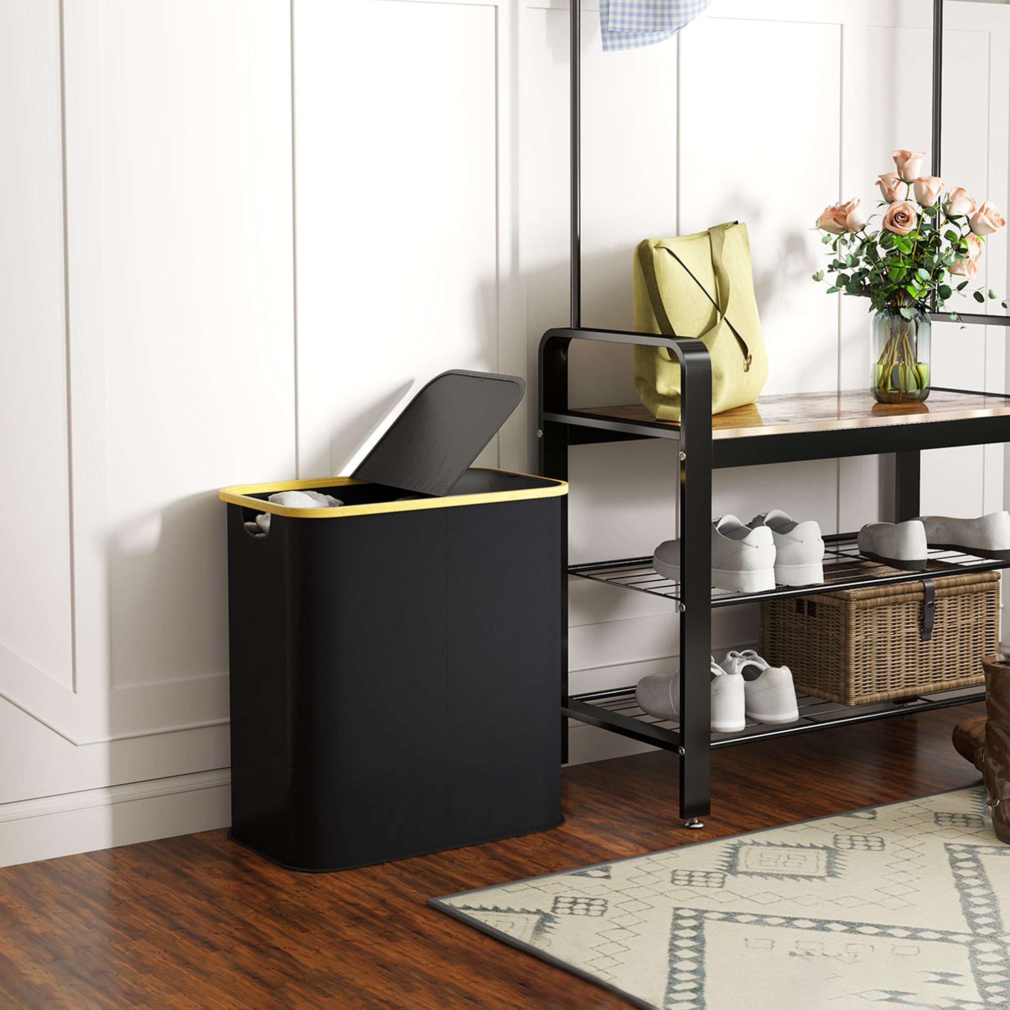 Panier à linge - HOMCOM - double pliable 80 L - couvercle - poignées rainurées - noir - Maison Panier à linge - HOMCOM - double pliable 80 L - couvercle - poignées rainurées - noir - Maison