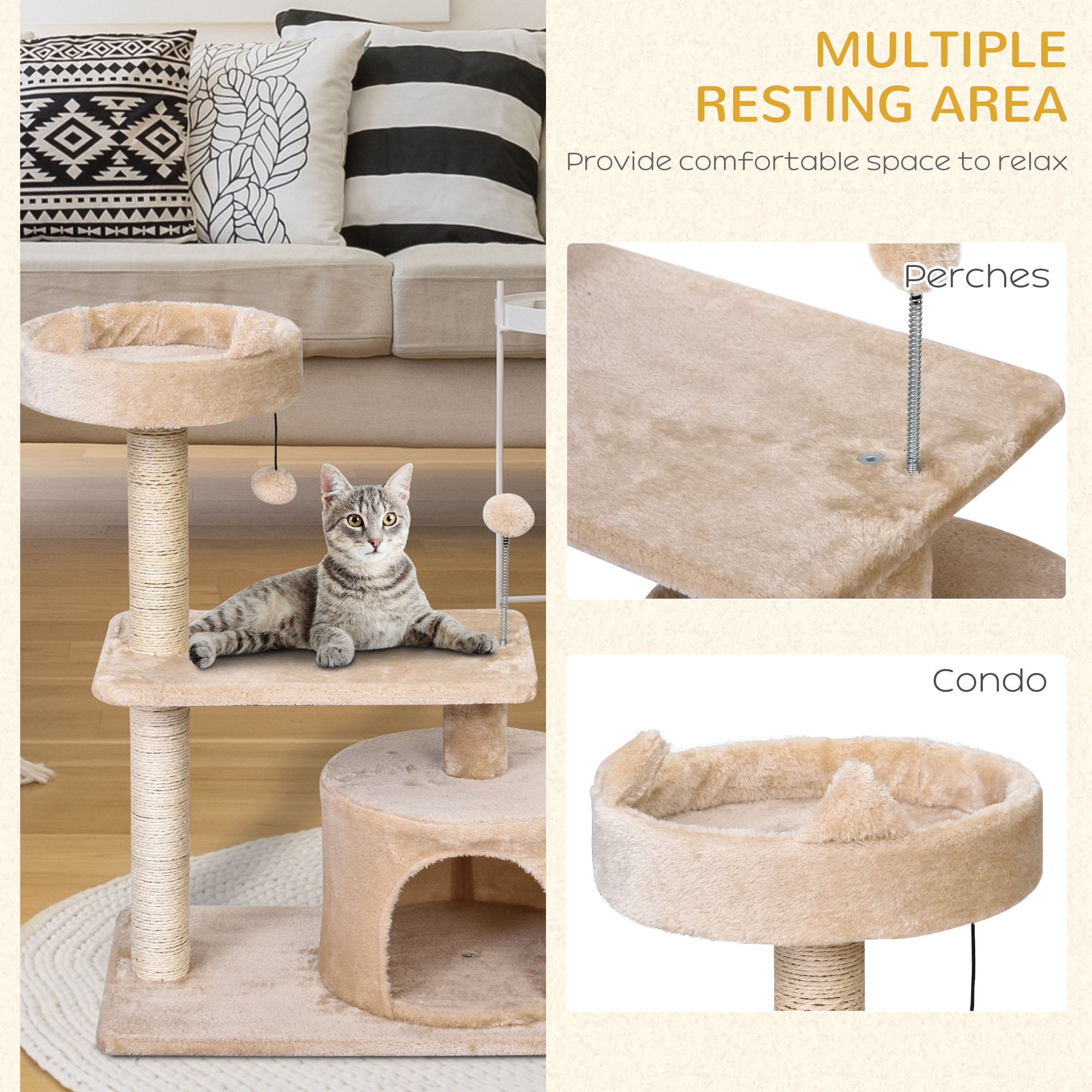 PawHut Cat Tree for Indoor Cats with Scratching Post Climbing Tower Kitty Activity Centre Condo Perch Jumping Platforms Beige 60L x 40W x 81H cm 5