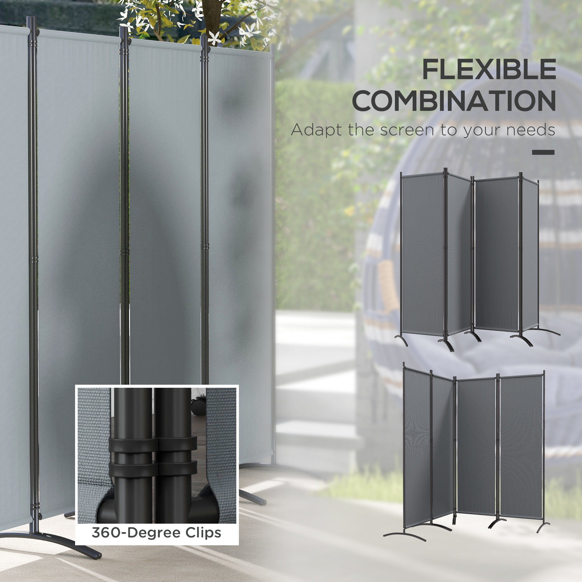 Outsunny 4 Panel Folding Garden Divider, 1.7m Privacy Screen with Wide Feet, Portable Freestanding Privacy Panel for Deck, Pool, Hot Tub, Dark Grey 6