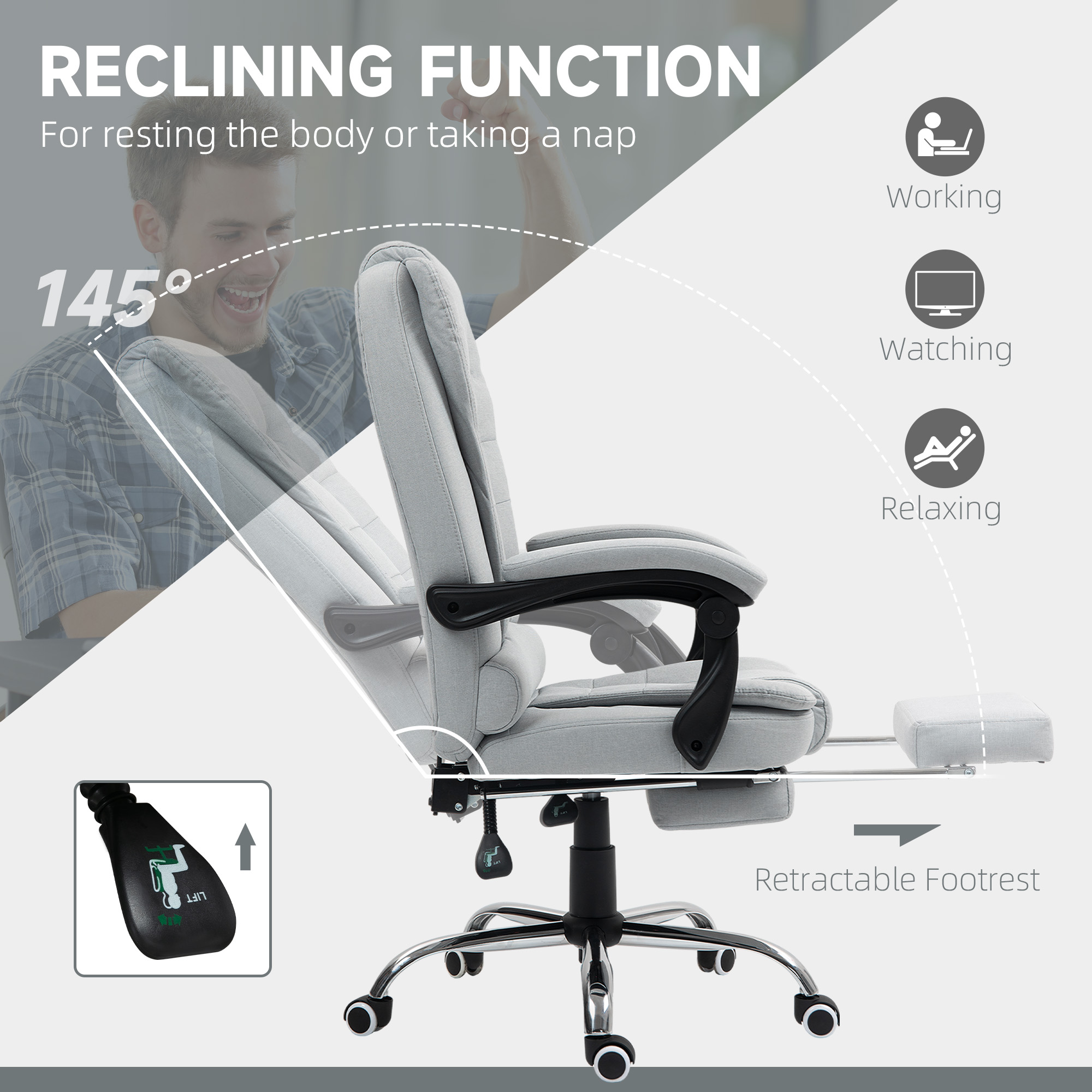 HOMCOM Linen-Look Adjustable Office Chair Light Grey 5