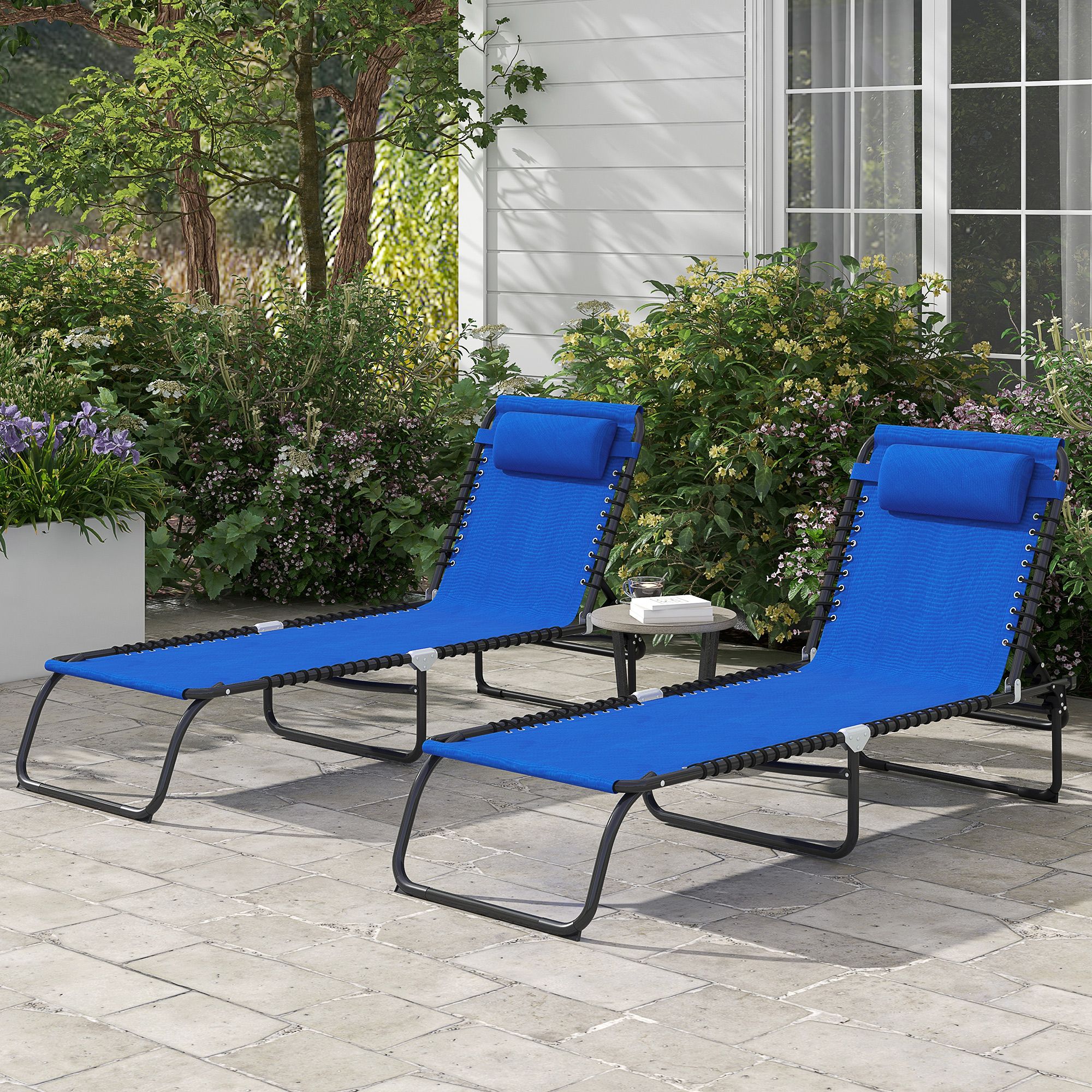 Outsunny Set of Two Folding Sun Loungers, with Four-Position Backs Blue 2