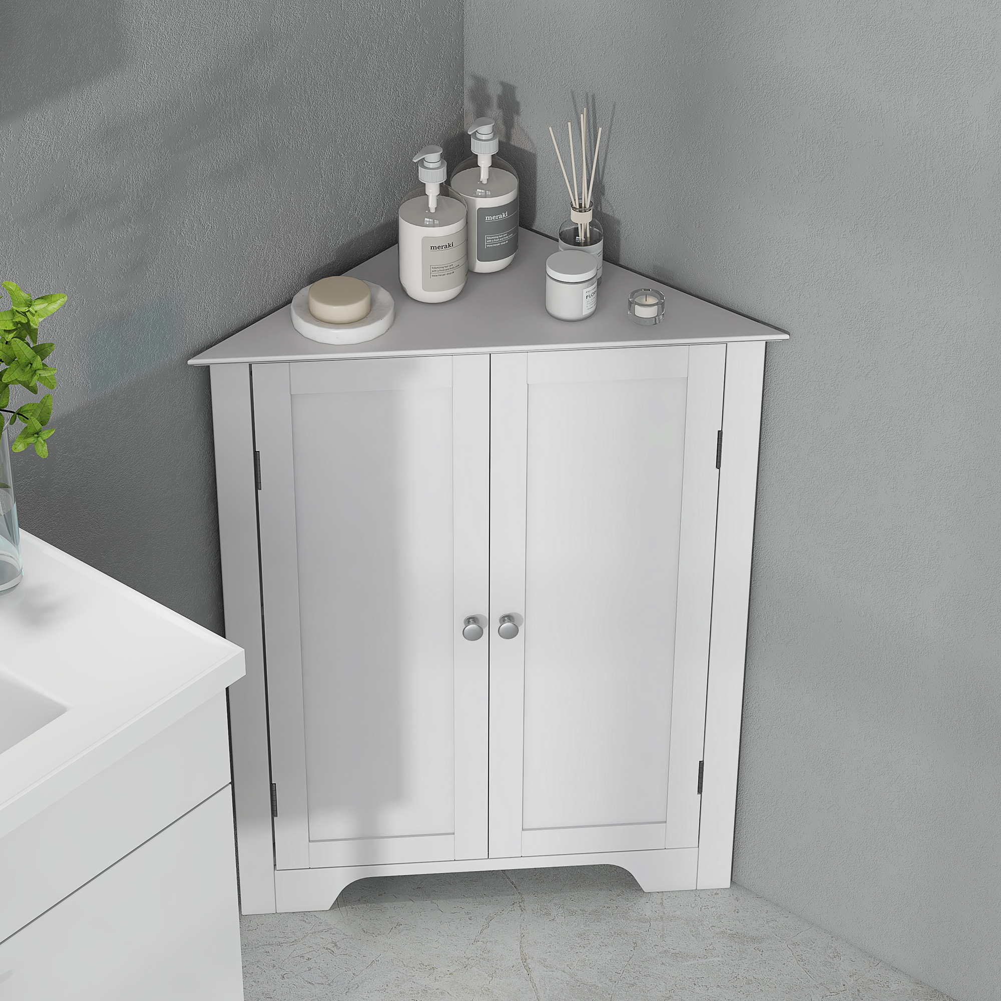 kleankin Triangle Bathroom Cabinet, Corner Bathroom Storage Unit with Adjustable Shelf and Recessed Door, Free Standing, White 8