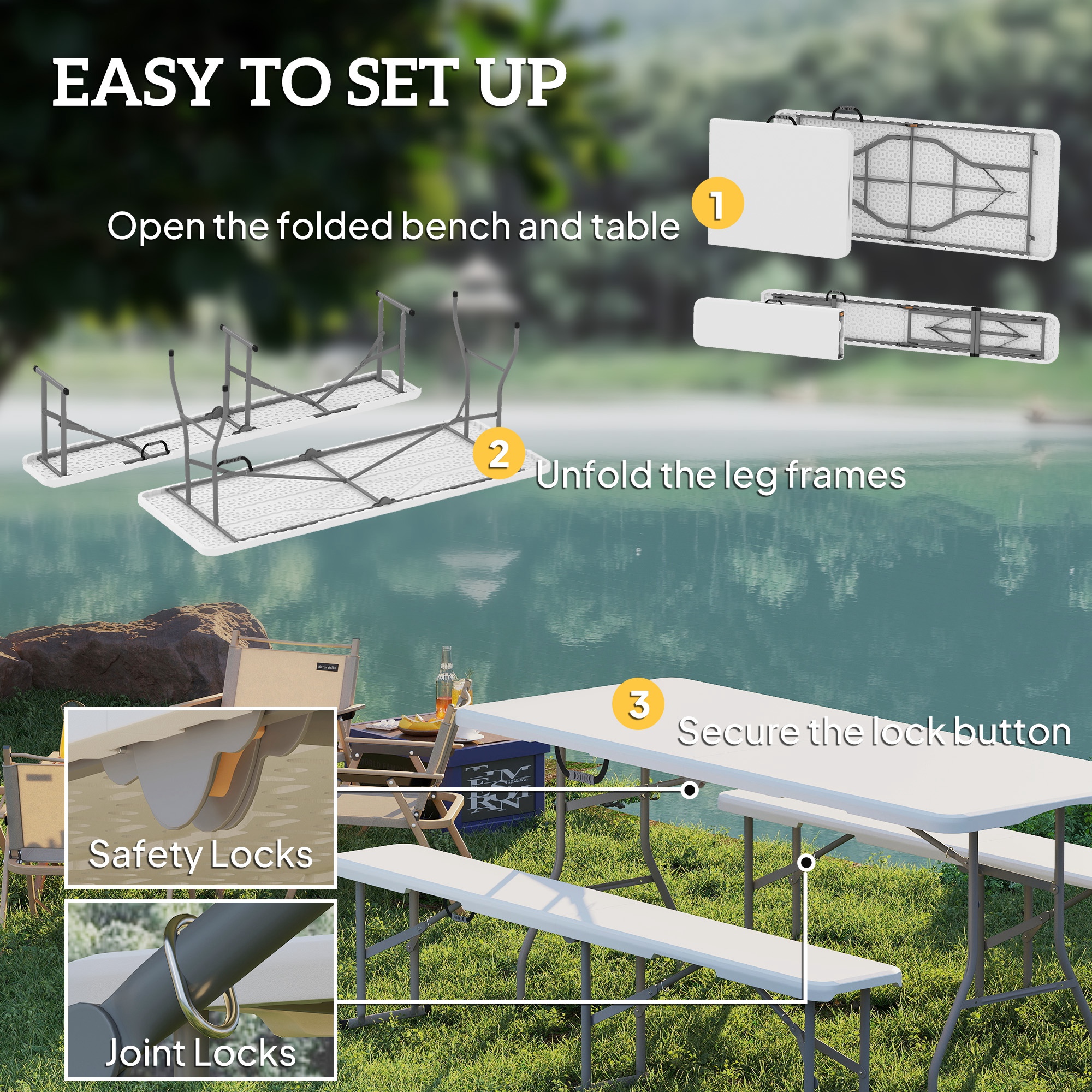 Outsunny Three-Piece Folding Picnic Table and Bench Set White 6