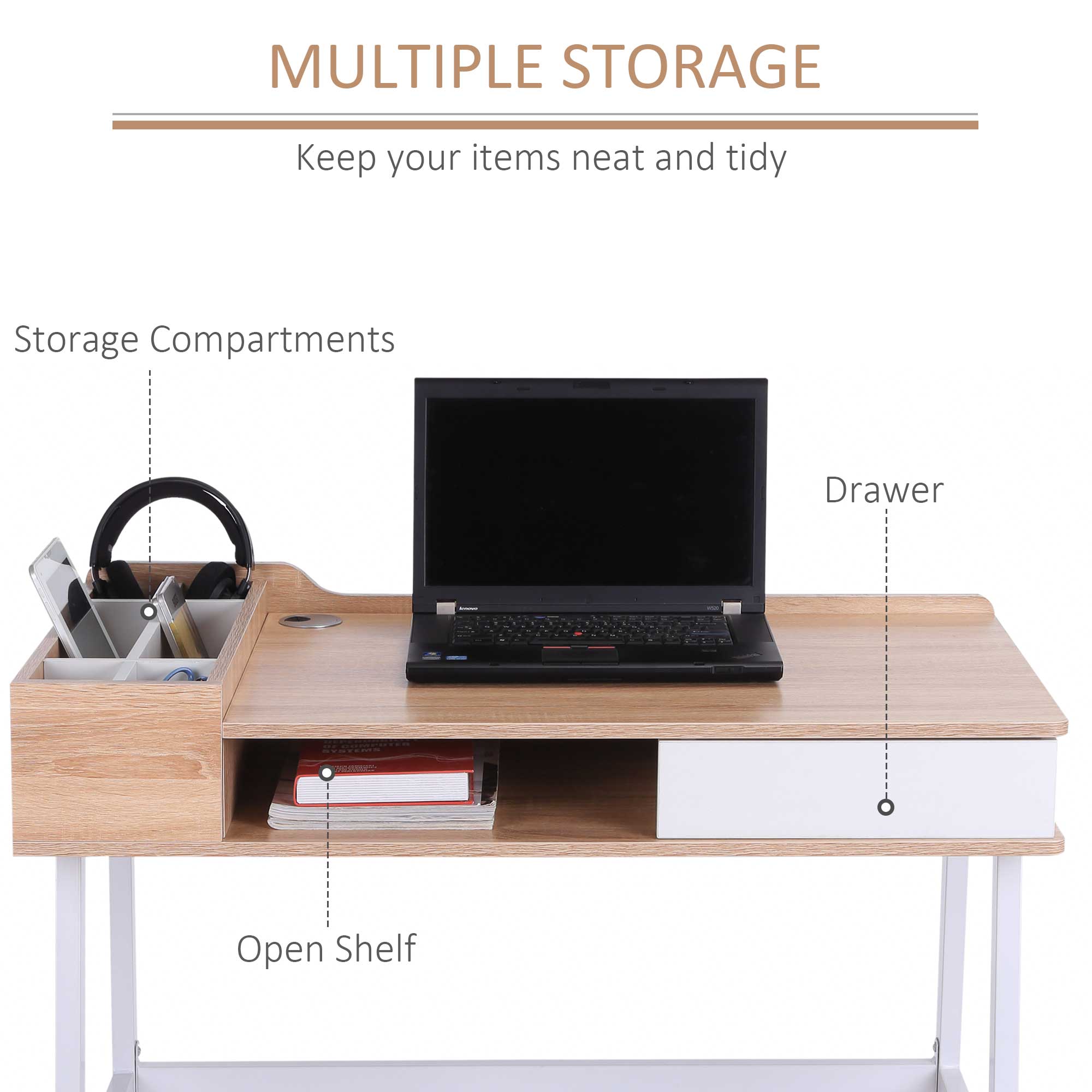 HOMCOM Computer Desk, Writing Desk, Study Workstation with Drawer, Storage Compartments, Cable Management, Laptop Table, Metal Frame, 100 x 55 x 81.5cm, Oak and White 4