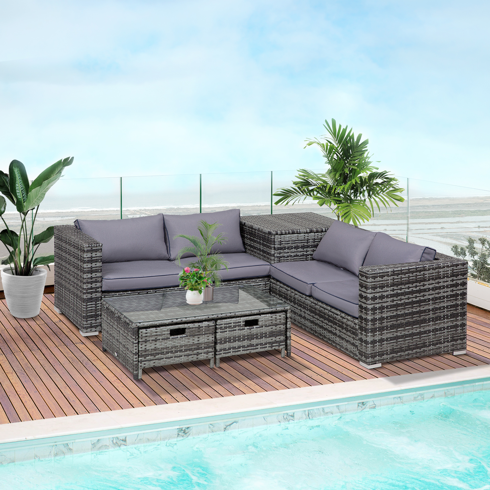 Outsunny 4 Pcs Rattan Wicker Garden Furniture Patio Sofa Storage & Table Set w/ 2 Drawers Coffee Table,Great Cushioned 4 Seats Corner Sofa Grey 2