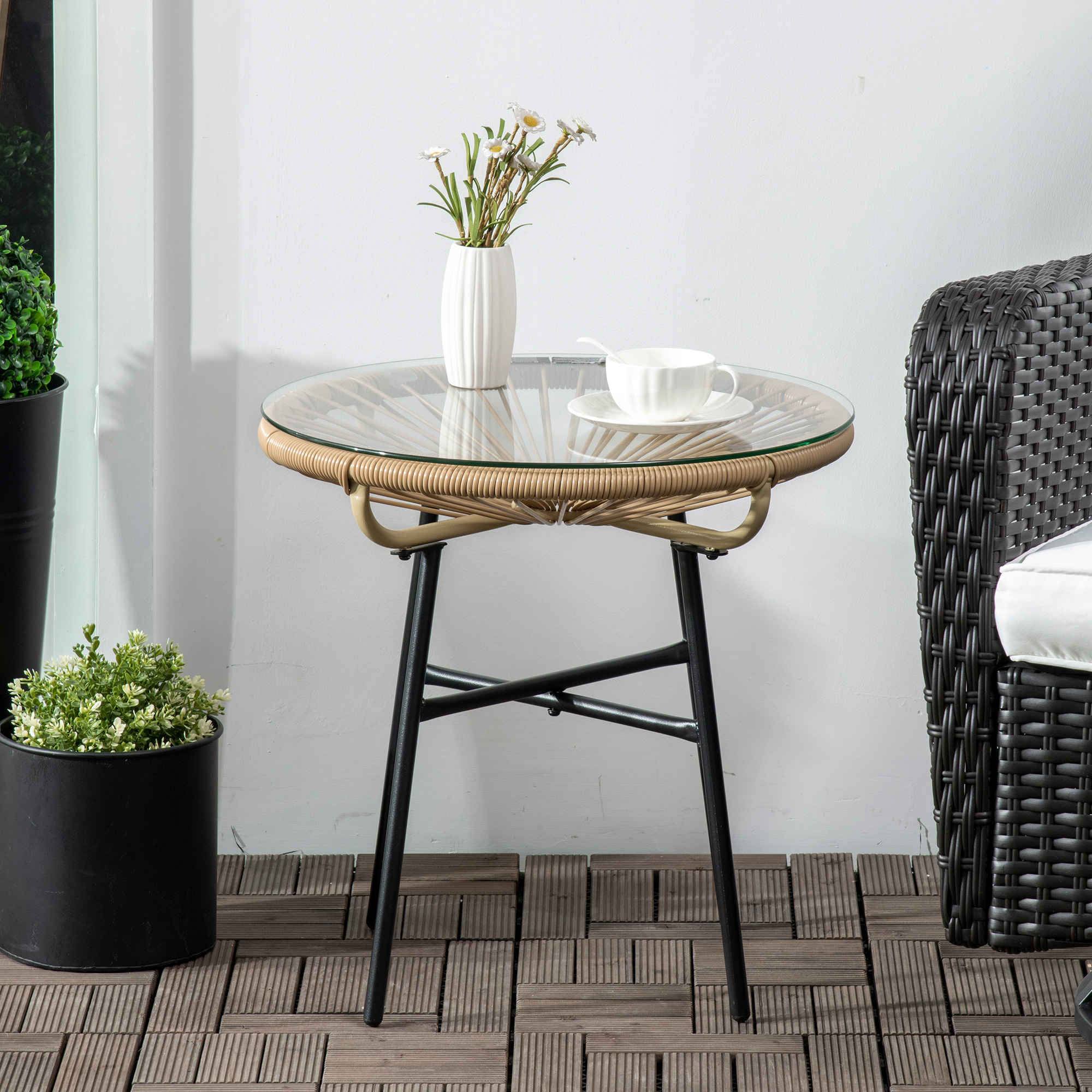 Outsunny Rattan Side Table, Round Outdoor Coffee Table, with Round PE Rattan and Tempered Glass Tabletop for Patio, Garden, Balcony, Beige 7