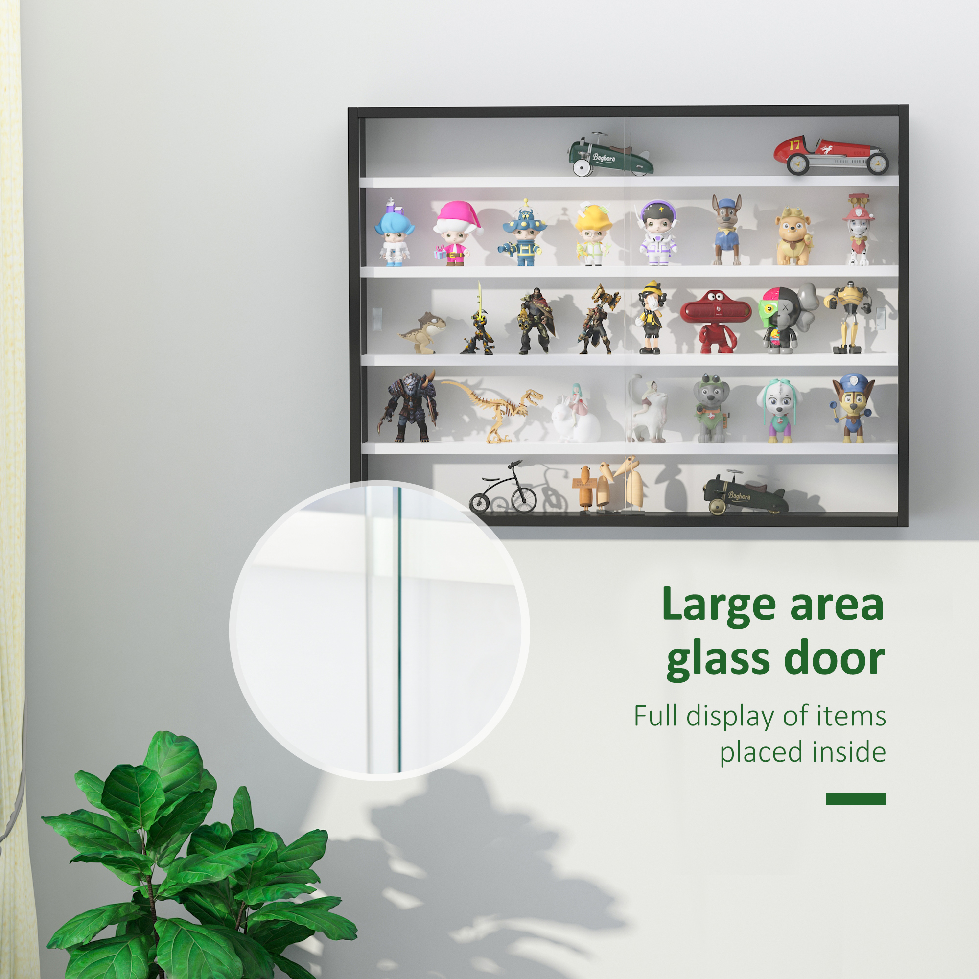 HOMCOM 5-Tier Wall Display Shelf Unit Cabinet w/ 4 Adjustable Shelves Glass Doors Home Office Ornaments 60x80cm Black/White 5