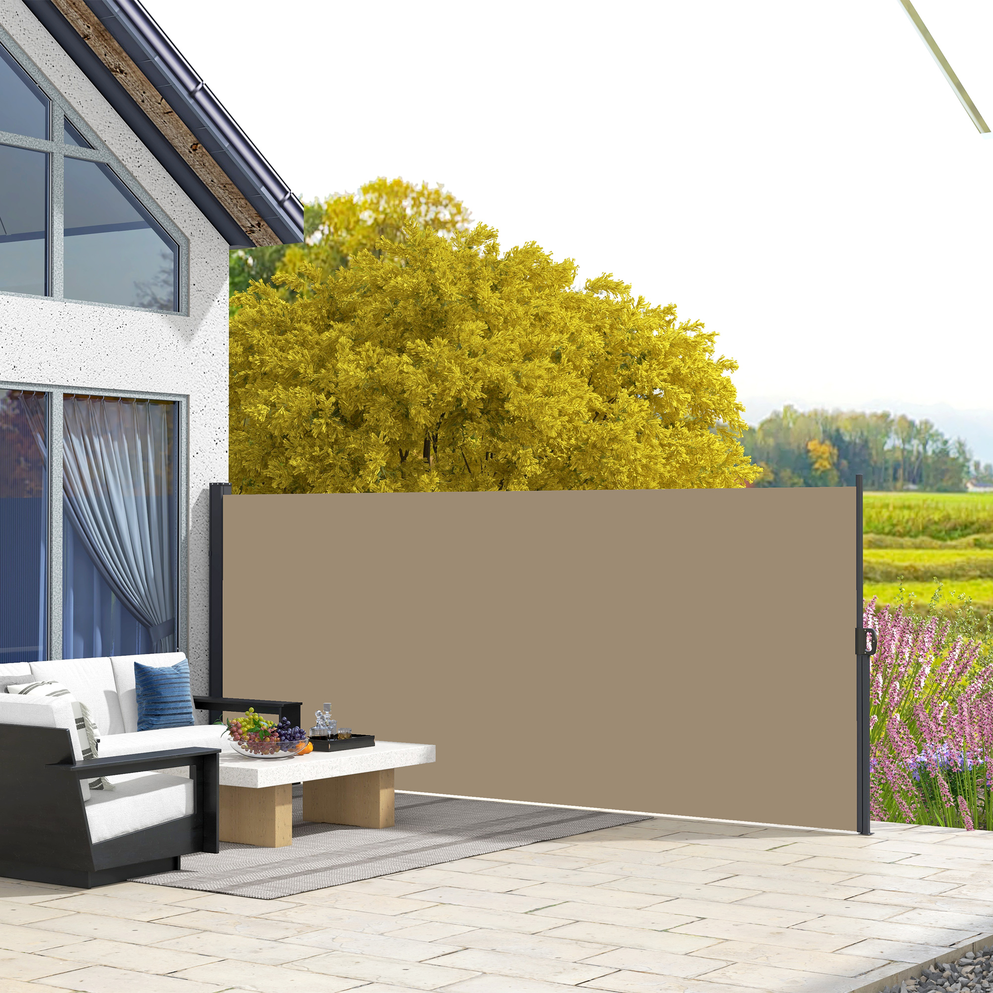 Outsunny Retractable Side Awning, Outdoor Privacy Screen for Garden, Hot Tub, Balcony, Terrace, Pool, 400 x 160cm, Khaki 2