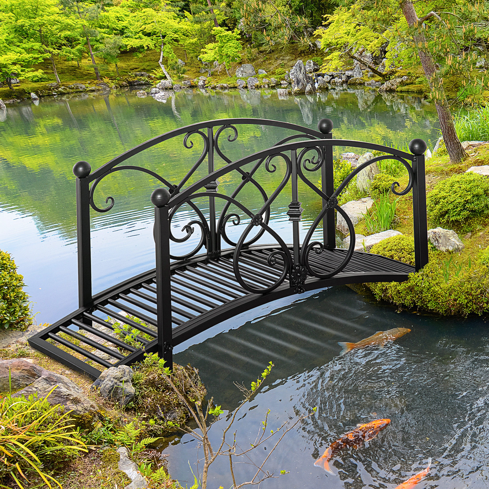 Outsunny 102L x 48W x 49H Classic Metal Garden Bridge with Safety Railings Arc Footbridge Decorative Pond Bridge for Backyard Creek Stream, Black 2