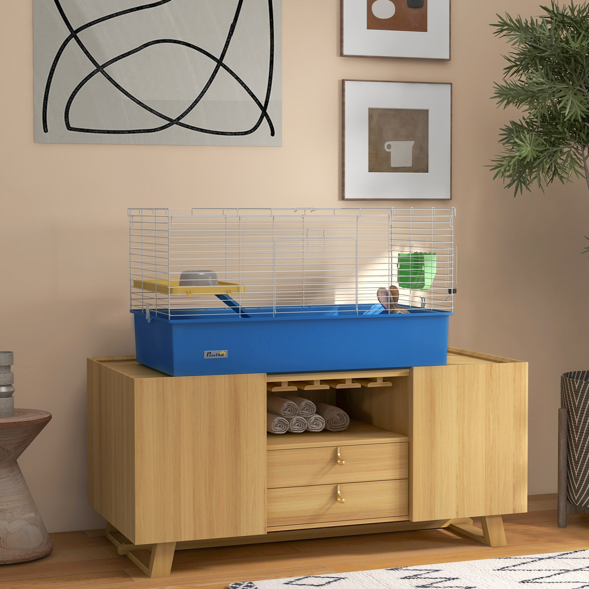 PawHut Chinchillas Small Rabbit Guinea Pig Small Animal Cage, Pet Playhouse, with Platform, Ramp, 99 x 52 x 53cm, Blue 2