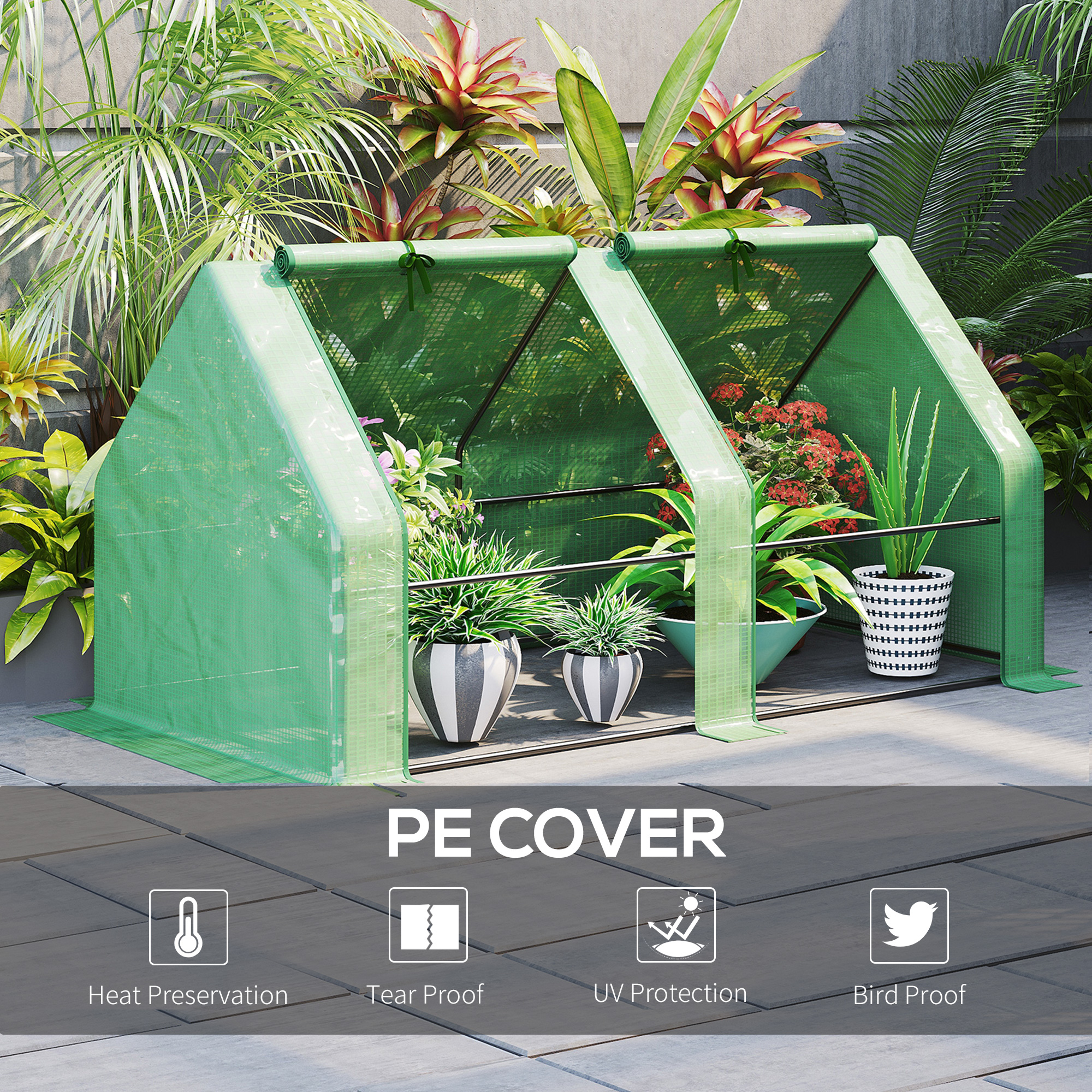 Outsunny Mini Small Greenhouse with Steel Frame & PE Cover & Zippered Window Poly tunnel Steeple for Plants Vegetables, 180 x 90 x 90 cm, Green 4