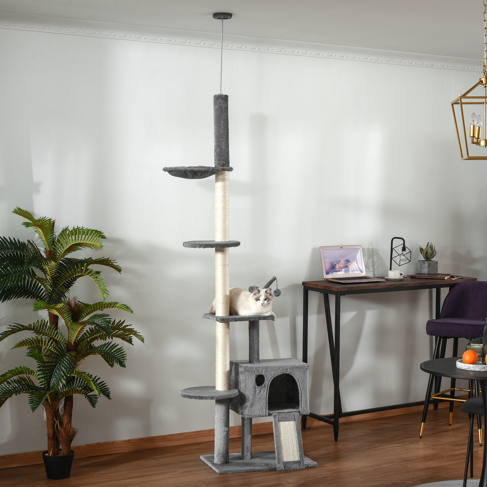PawHut 270cm Floor To Ceiling Cat Tree Cat House Scratching Post for Indoor Cats Hammock Hanging Ball Activity Center Grey 2