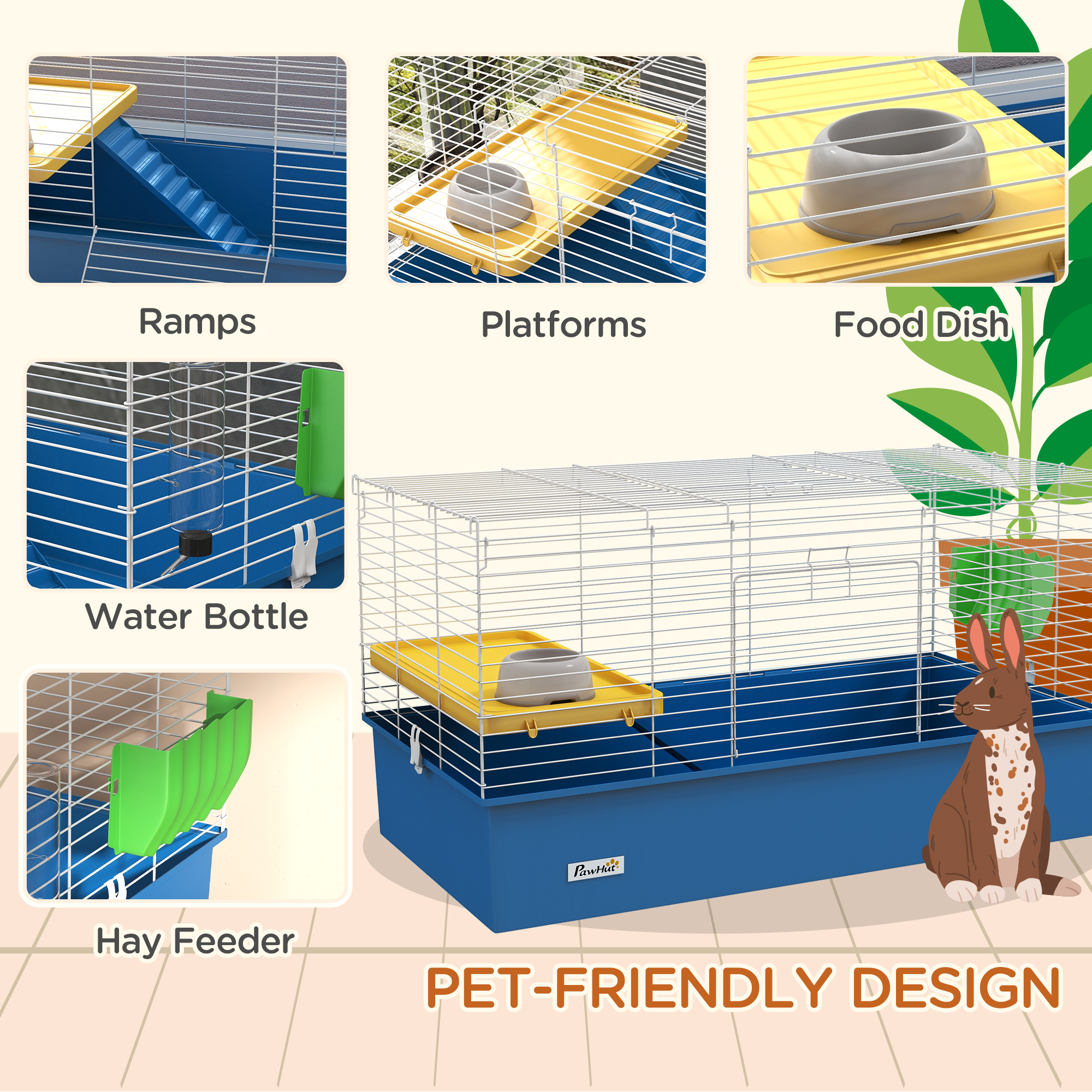 PawHut Chinchillas Small Rabbit Guinea Pig Small Animal Cage, Pet Playhouse, with Platform, Ramp, 99 x 52 x 53cm, Blue 5