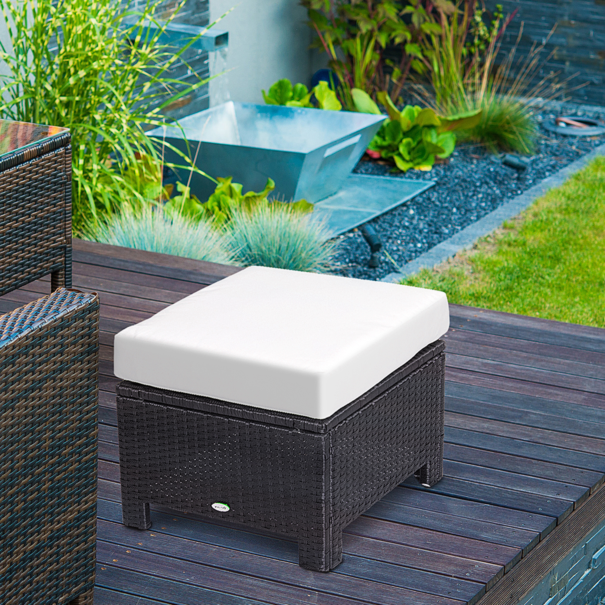 Outsunny Rattan Footstool Wicker Ottoman with Padded Seat Cushion Outdoor Patio Furniture for Garden Poolside Living Room, 50 x 50 x 35 cm, Black 2