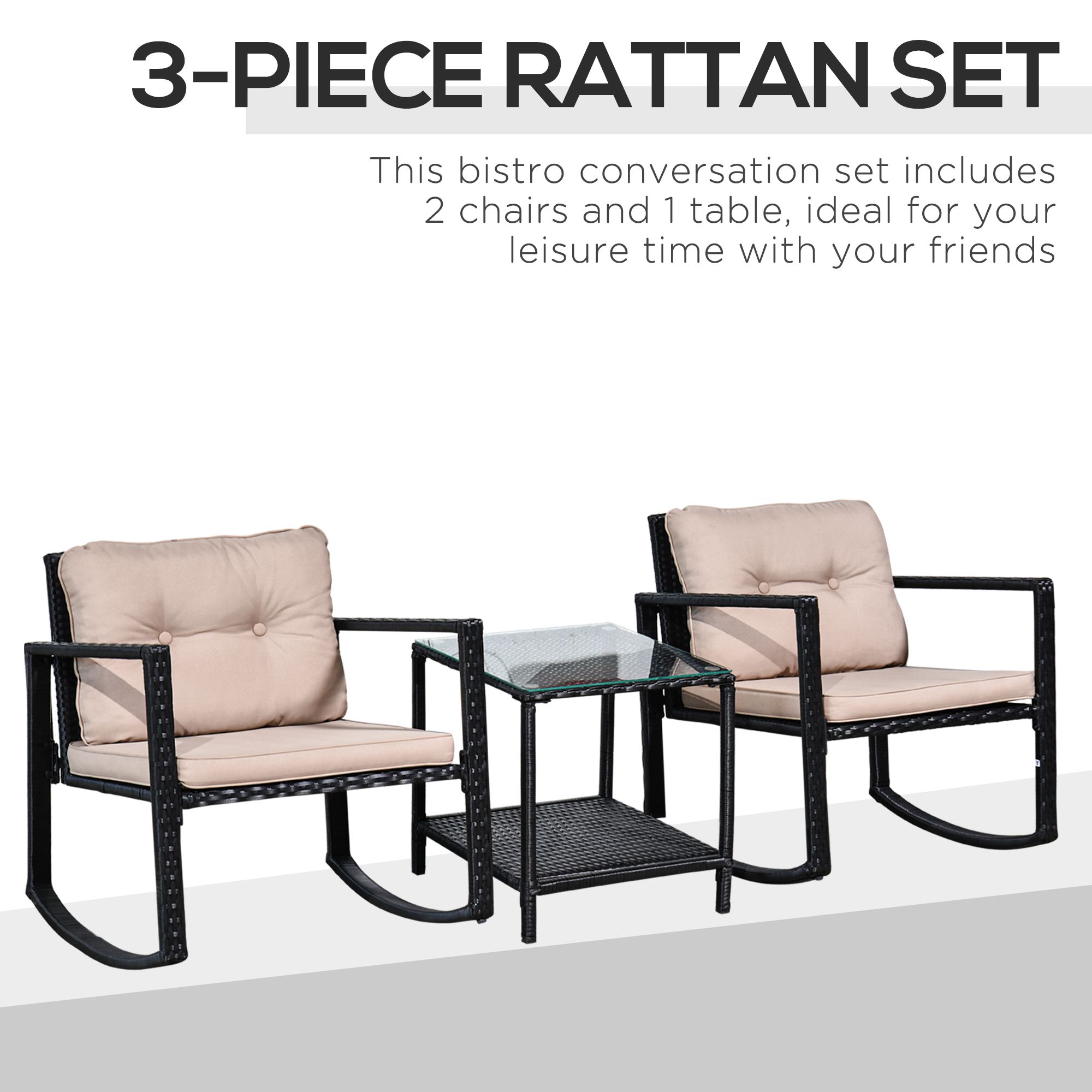 Outsunny 3 Pieces Rattan Garden Rocking Chair Set, Outdoor Rocking Bistro Set w/ 2 Cushioned Armchair and Glass Top Two-tier Coffee Table, Black 6