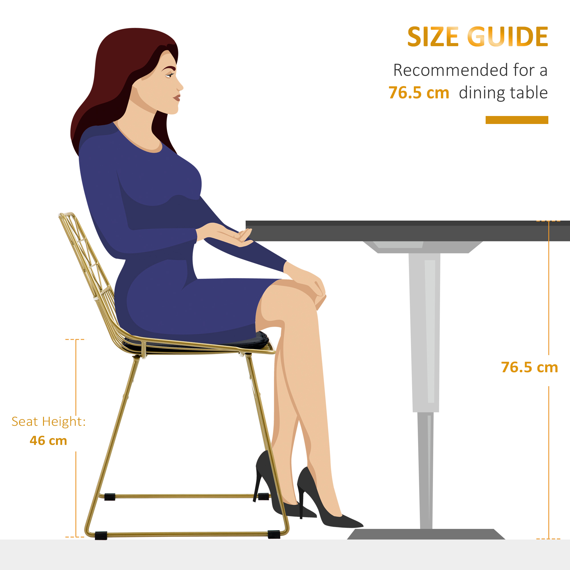 HOMCOM Luxurious Dining Chairs Set of 2, Metal Wire Kitchen Chair with Removable Velvet-feel Cushion, Cut-out Back and Steel Frame for Dining Room, Gold Tone 7