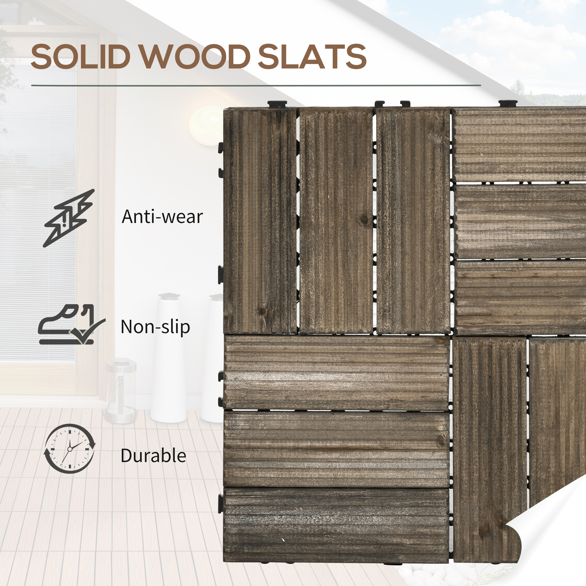 Outsunny 27 Pcs Wooden Interlocking Decking Tiles, Outdoor Flooring Tiles for Patio, Balcony, Terrace, Hot Tub, 30 x 30 cm per Piece, 2.5㎡ per Pack, Charcoal Grey 4