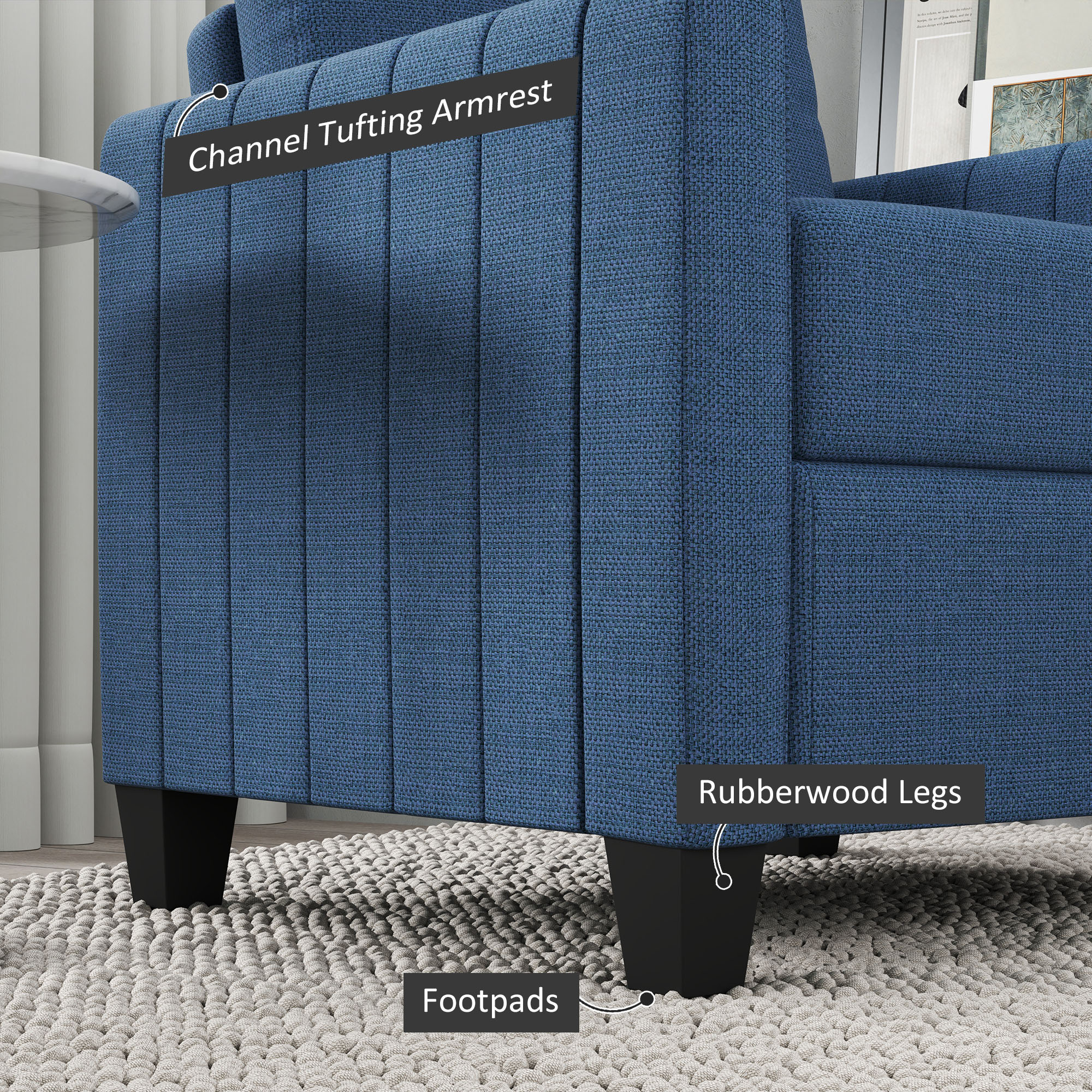 HOMCOM Modern Boxy Linen-Look Armchair Blue 7