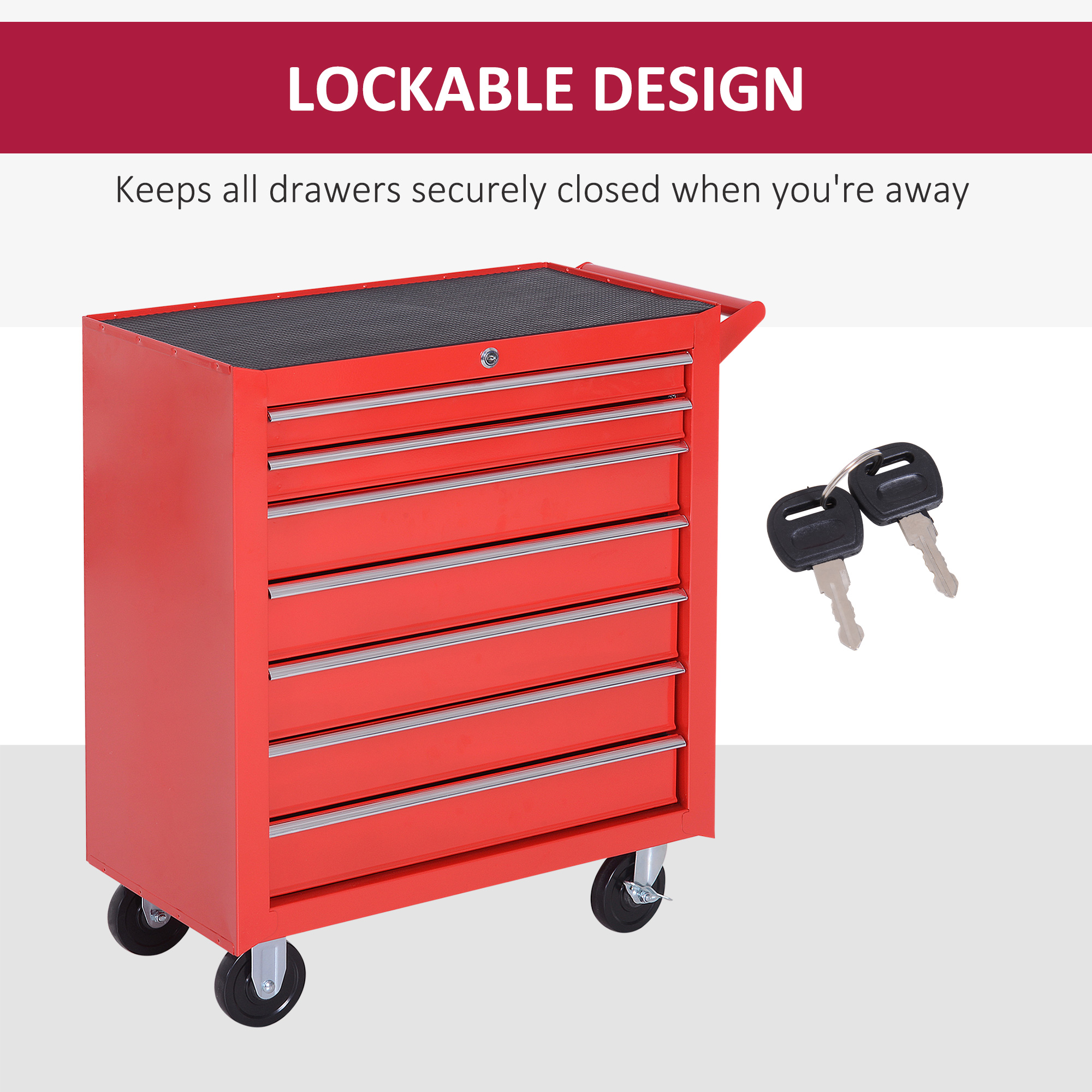 DURHAND 7-Drawer Tool Box on Wheels Tool Cabinet 150 Load with Lockable swivel castors, Red 7