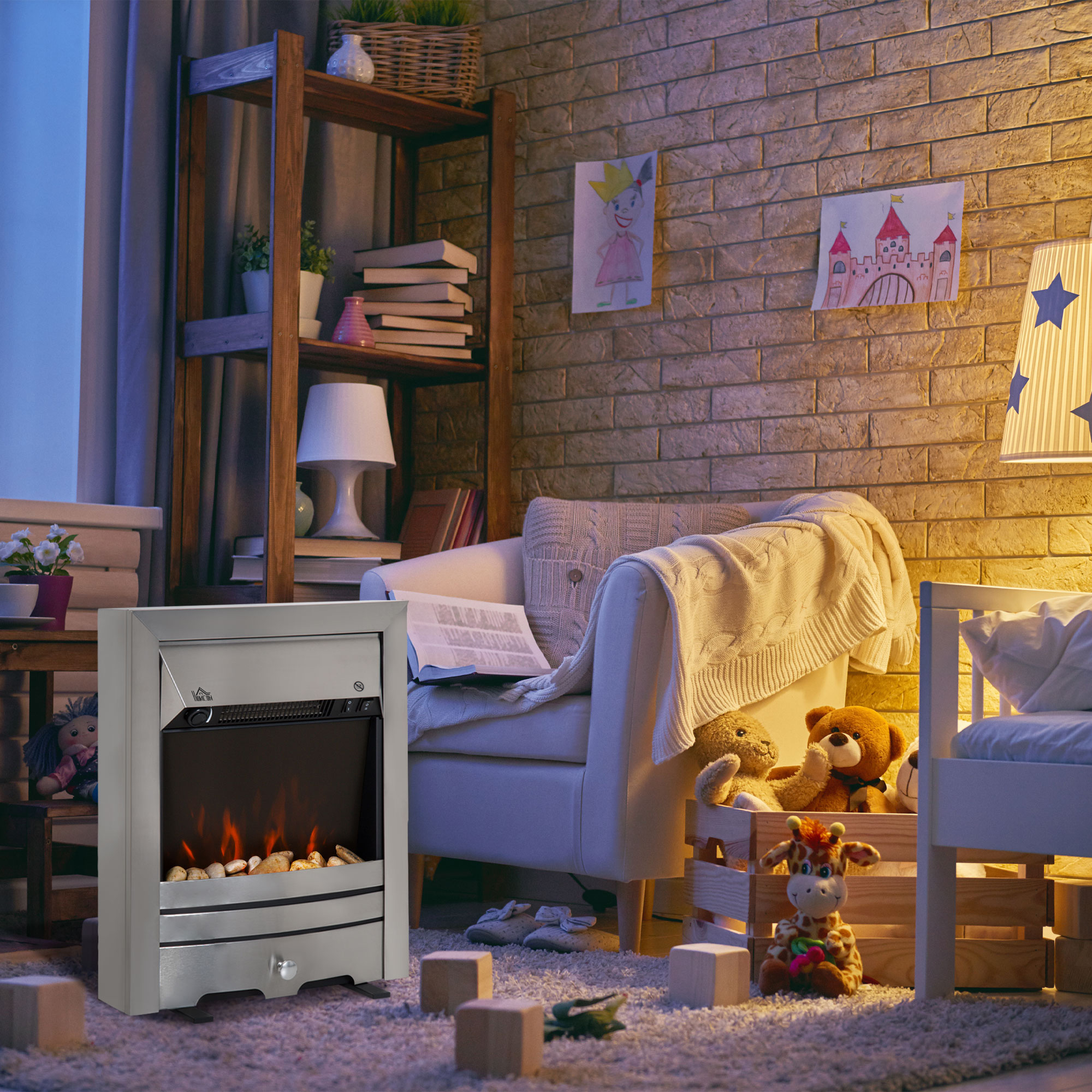 HOMCOM 2KW Stainless Steel Electric Fireplace Pebble Burning Effect Heater Fire Flame Indoor Stove LED Lighting 2