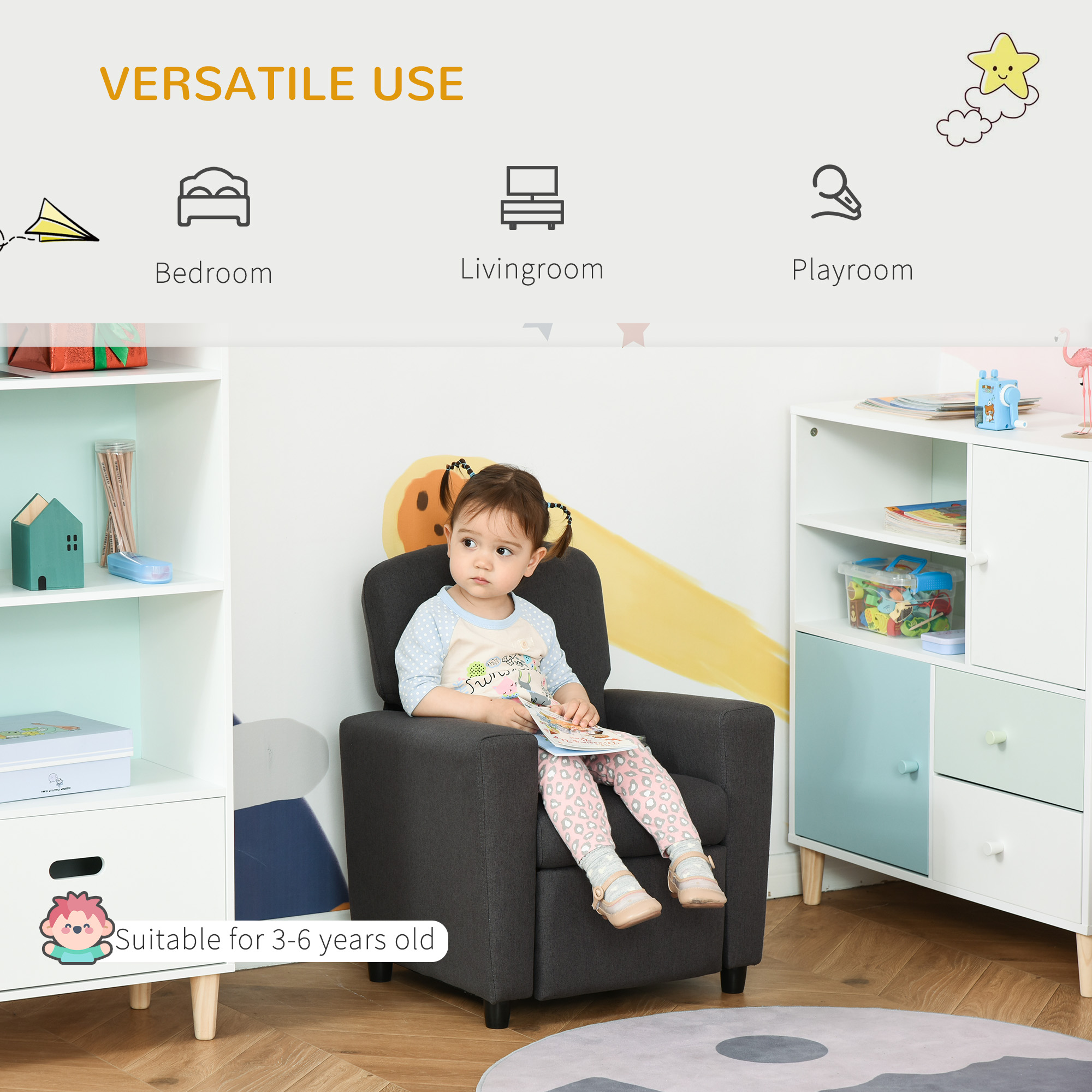 HOMCOM 2 in 1 design Kids Sofa Armchair with Footrest for Children Playroom Bedroom Living Room, 55 x 50 x 67cm, Grey 7