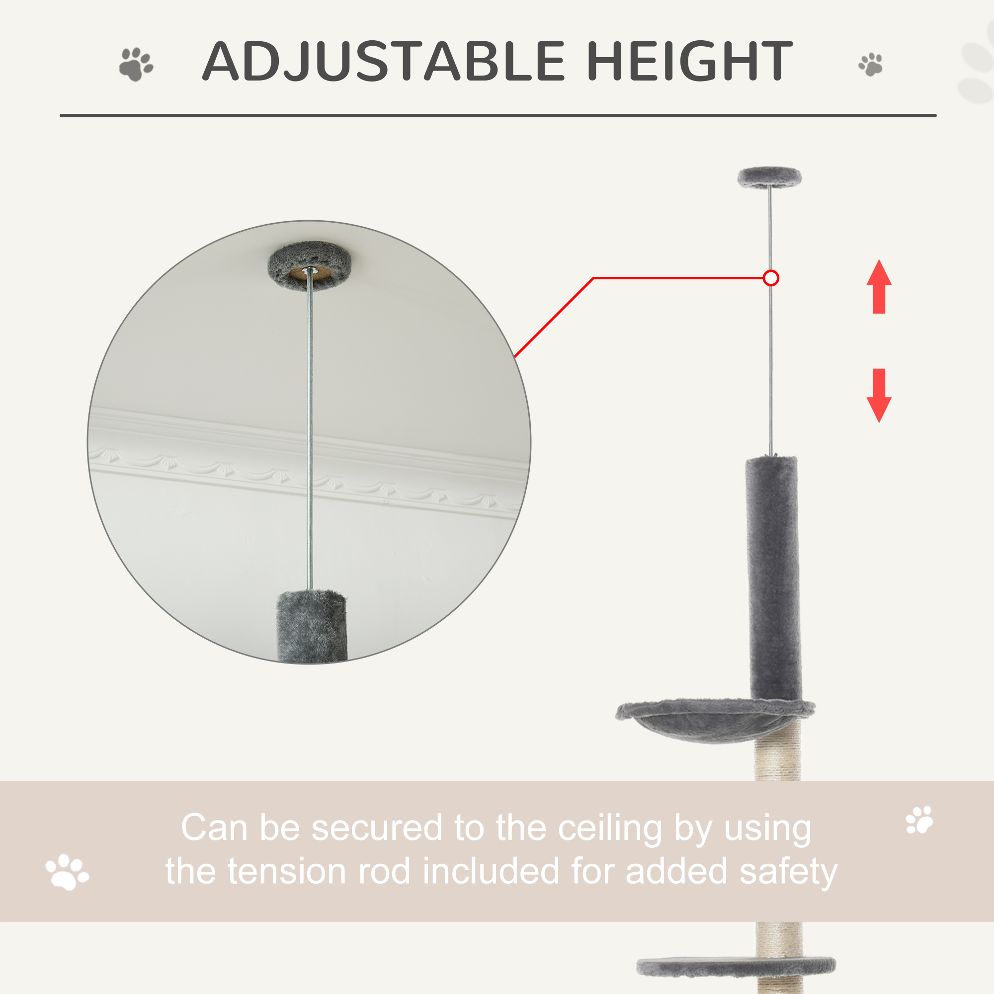 PawHut 270cm Floor To Ceiling Cat Tree Cat House Scratching Post for Indoor Cats Hammock Hanging Ball Activity Center Grey 5