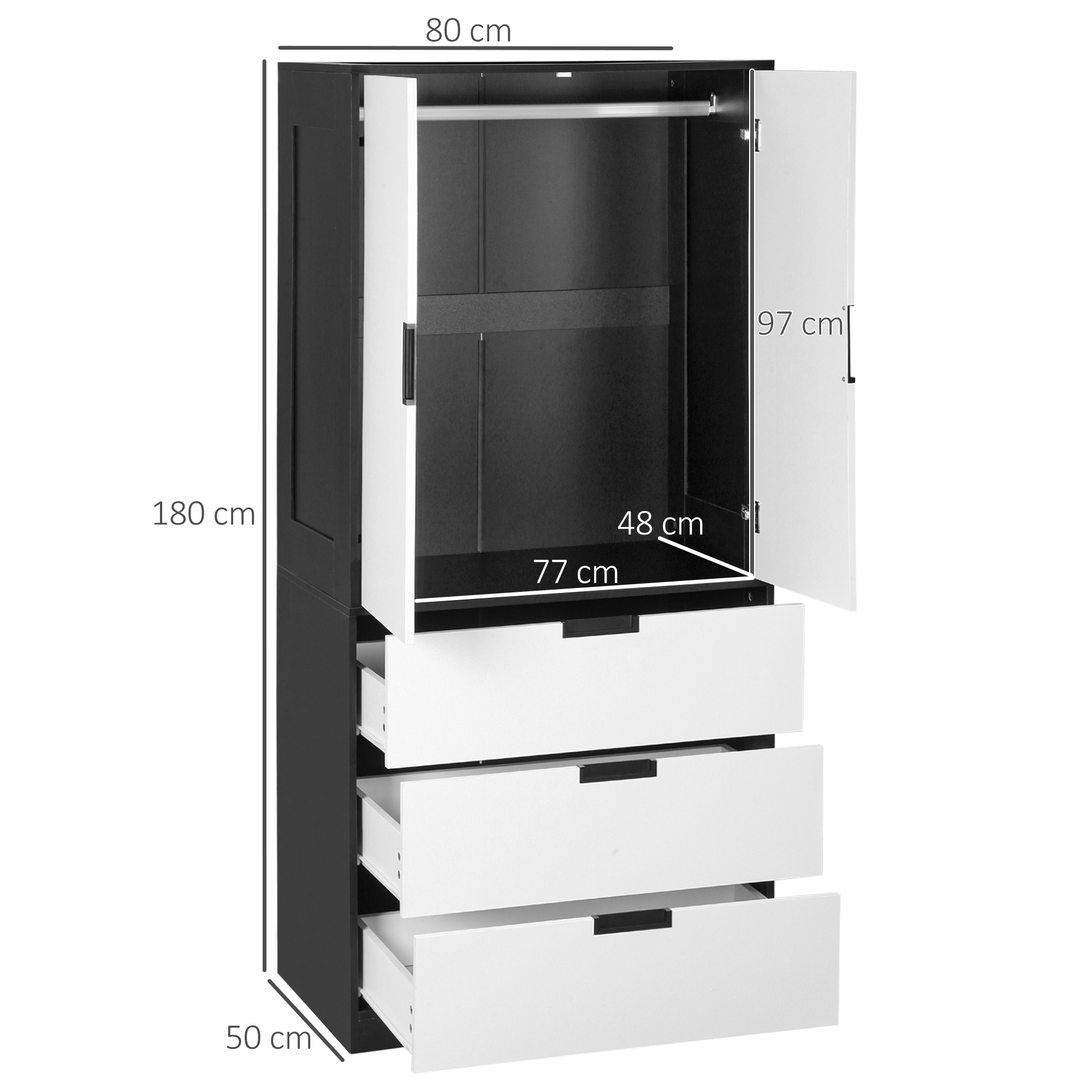HOMCOM 2 Door Wardrobe, Modern Wardrobe with 3 Drawers and Hanging Rod for Bedroom, Black 3
