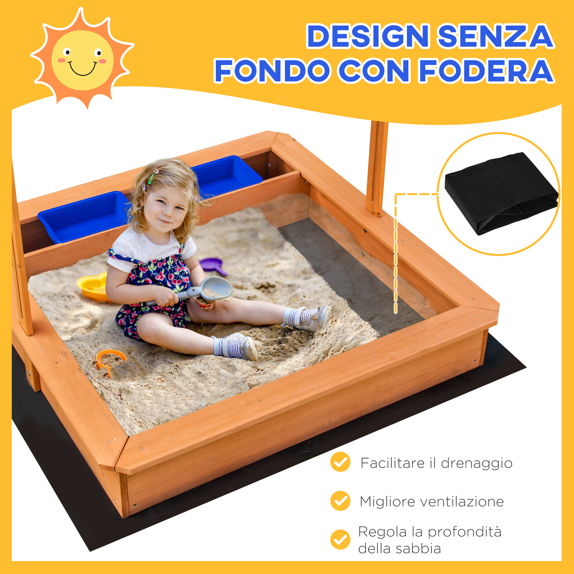 Sabbiera Per Bambini Con Tetto Regolabile - 117x117x117 Cm, Legno FSC, Telo Di Fondo Incluso, Età 3+