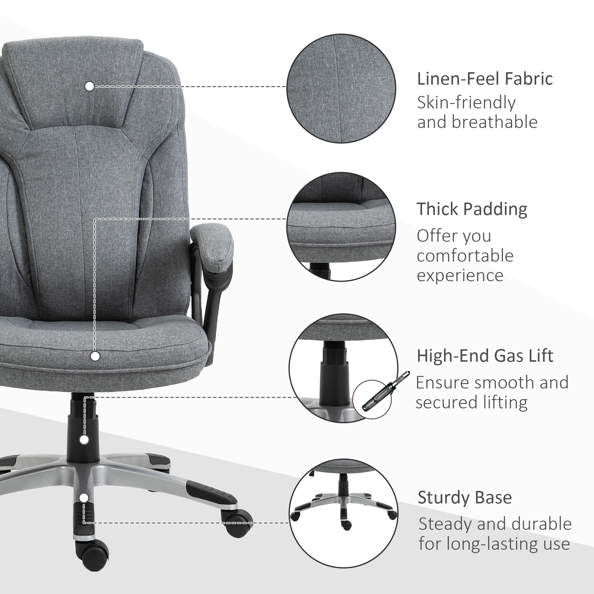 Vinsetto Office Chair, Linen Fabric Desk Chair, Height Adjustable Computer Chair with Padded Armrests, Swivel Wheels and Tilt Function, Grey 4