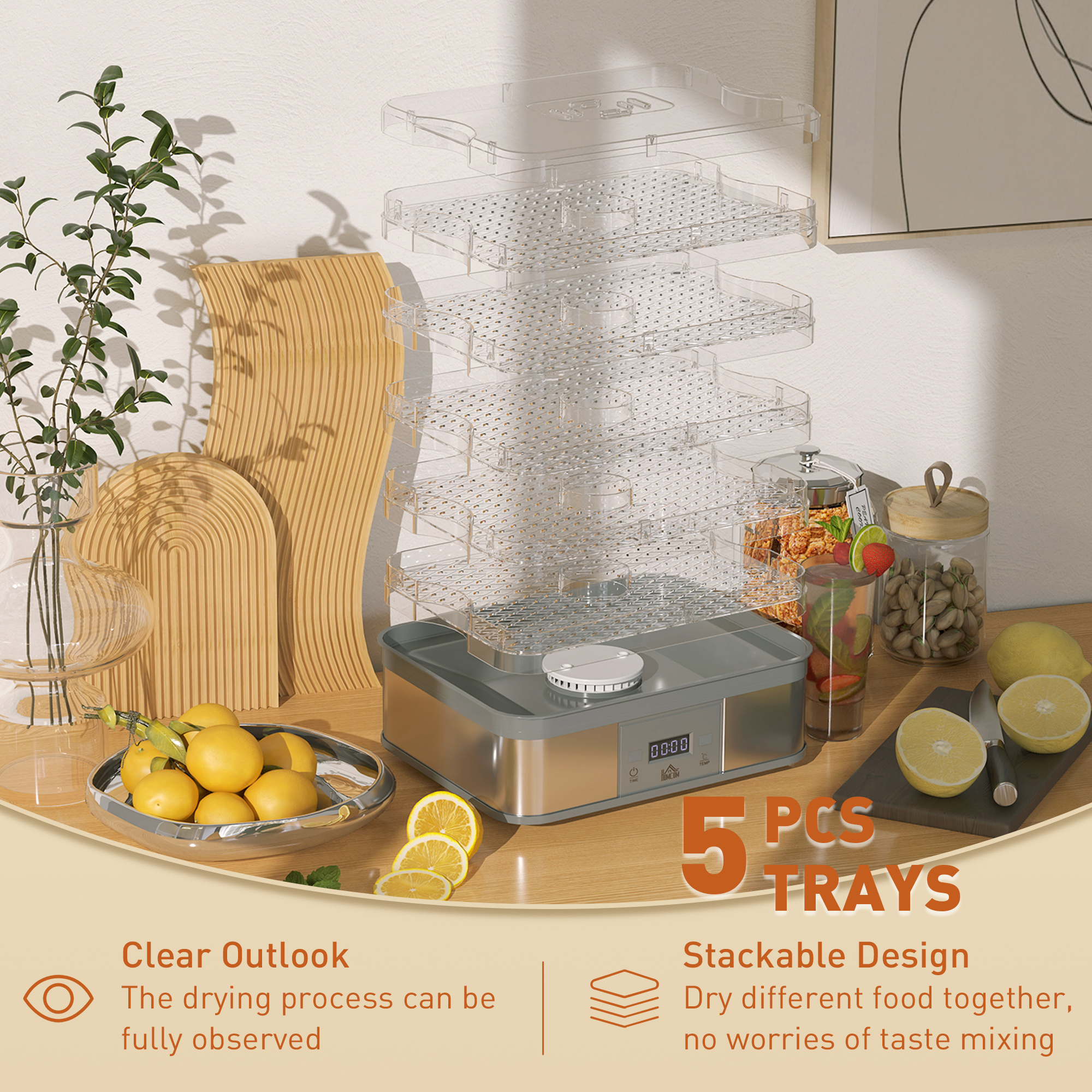HOMCOM 5 Tier Food Dehydrator, 245W Stainless Steel Food Dryer Machine with Adjustable Temperature, Timer and LCD Display for Drying Fruit, Meat, Vegetable, Jerky and Pet Treat, Grey 5