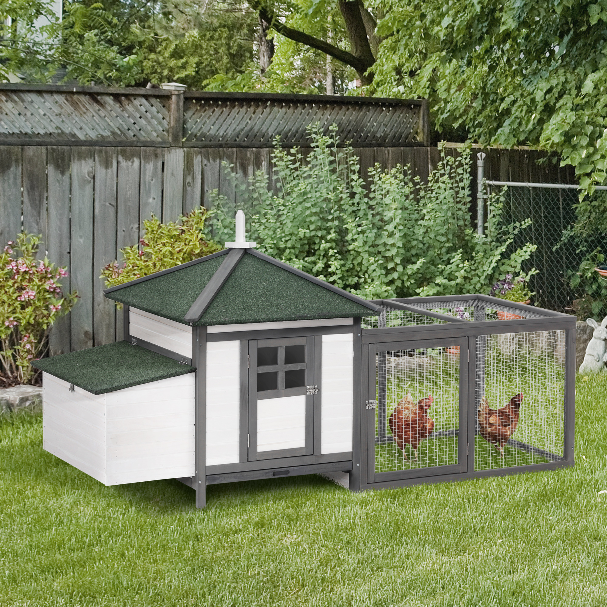 PawHut Chicken Coop Small Animal Pet Cage w/ Nesting Box Outdoor Run Wooden 2