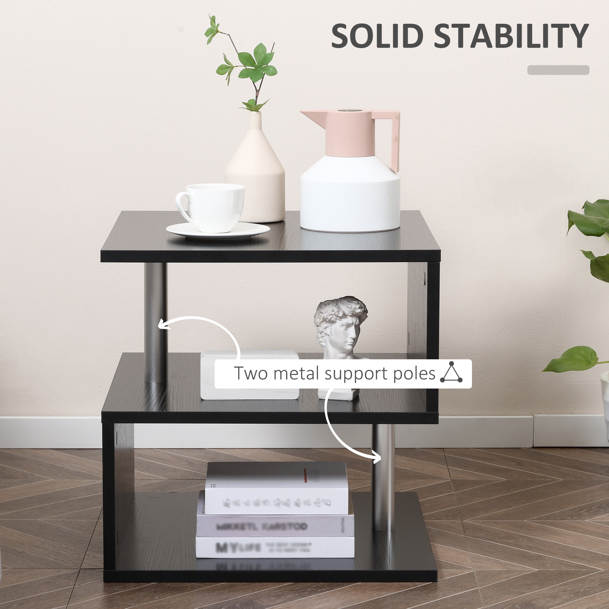HOMCOM Wooden S Shape Cube Coffee Table 2 Tier Storage Shelves Organizer Office Bookcase Living Room End Desk Stand Display (Black) 6