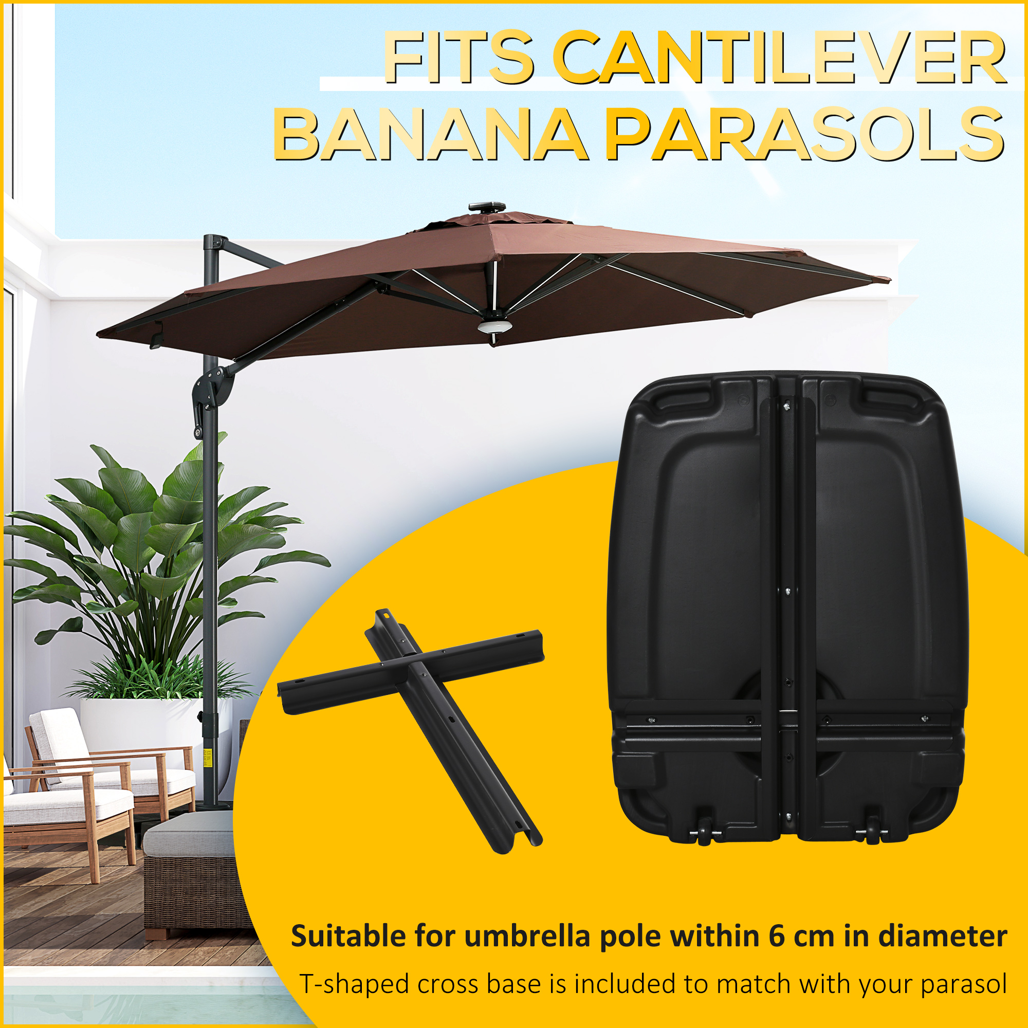 Outsunny Parasol Base, Water and Sand Filled, Up to 75kg, Portable Umbrella Stand Weights for Cantilever Banana Parasol with Wheels, Black 4