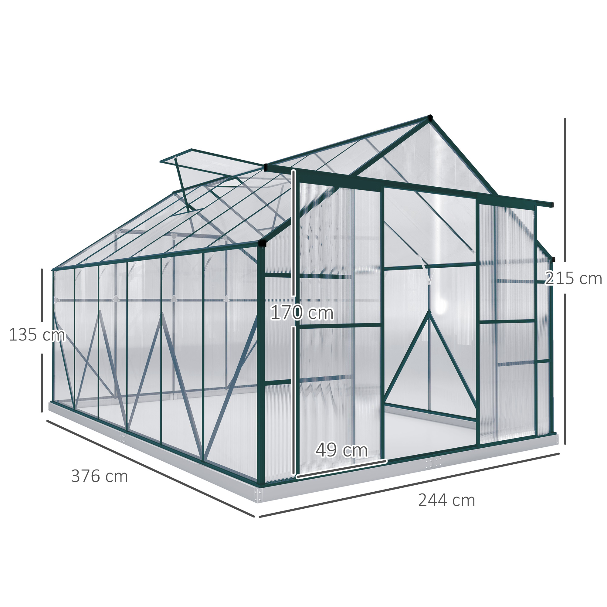 Outsunny 8 x 12ft Aluminium Greenhouse Polycarbonate Walk-in Garden Greenhouse Kit with Adjustable Roof Vent, Double Sliding Door, Rain Gutter and Foundation, Clear 3