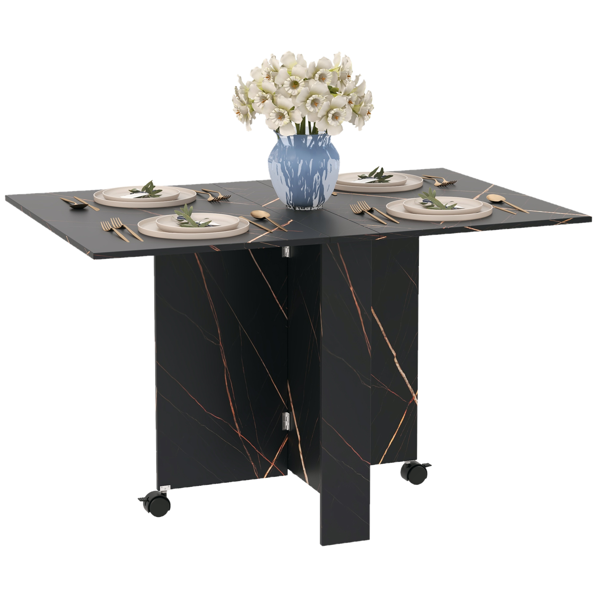 HOMCOM Table pliante cuisine table à manger pliable avec 2 abattants 2 roues avec freins 120 x 80 x 73 cm noir marbré imitation