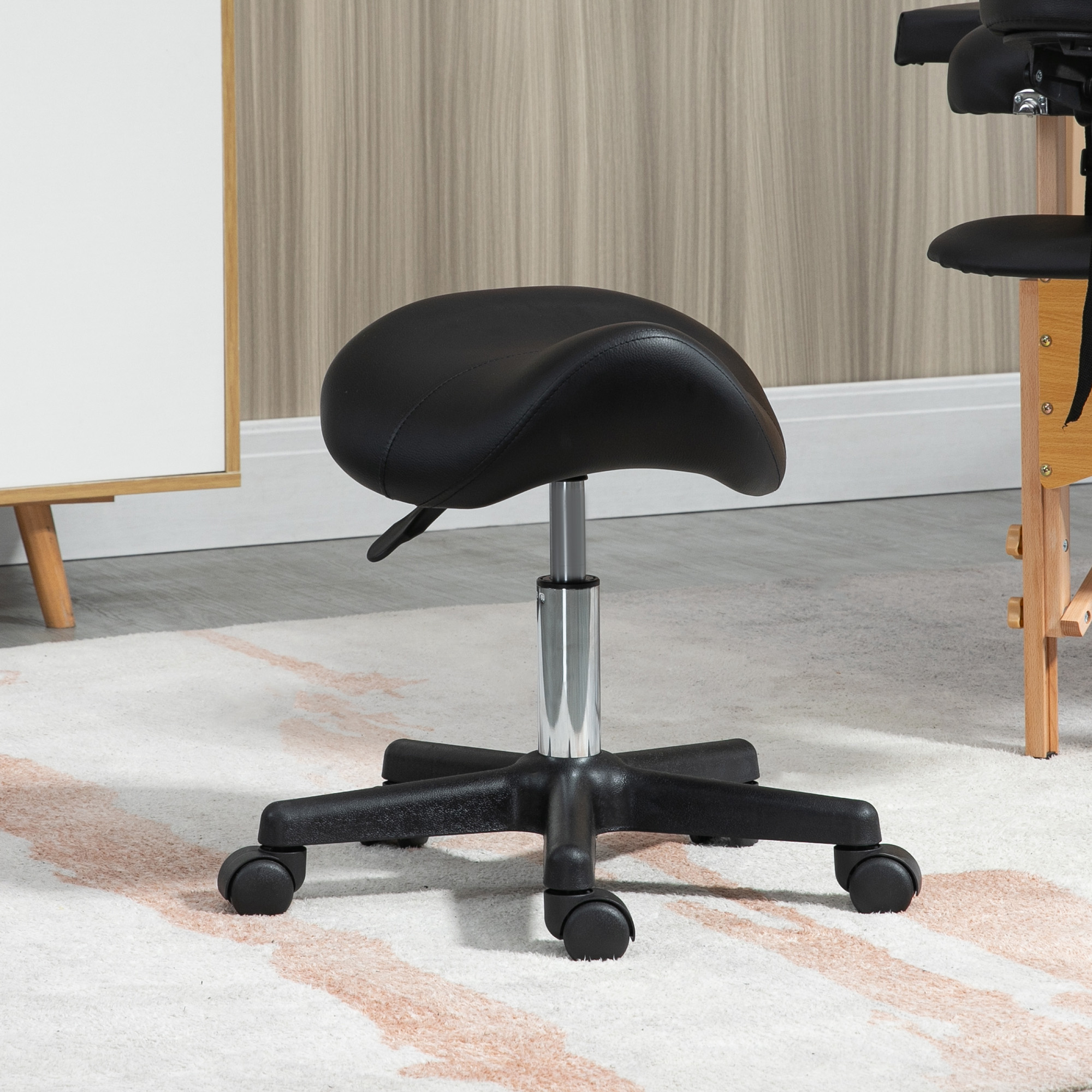 HOMCOM Saddle Stool, PU Leather Adjustable Rolling Salon Chair with Steel Frame for Massage, Spa, Beauty and Tattoo, Black 7
