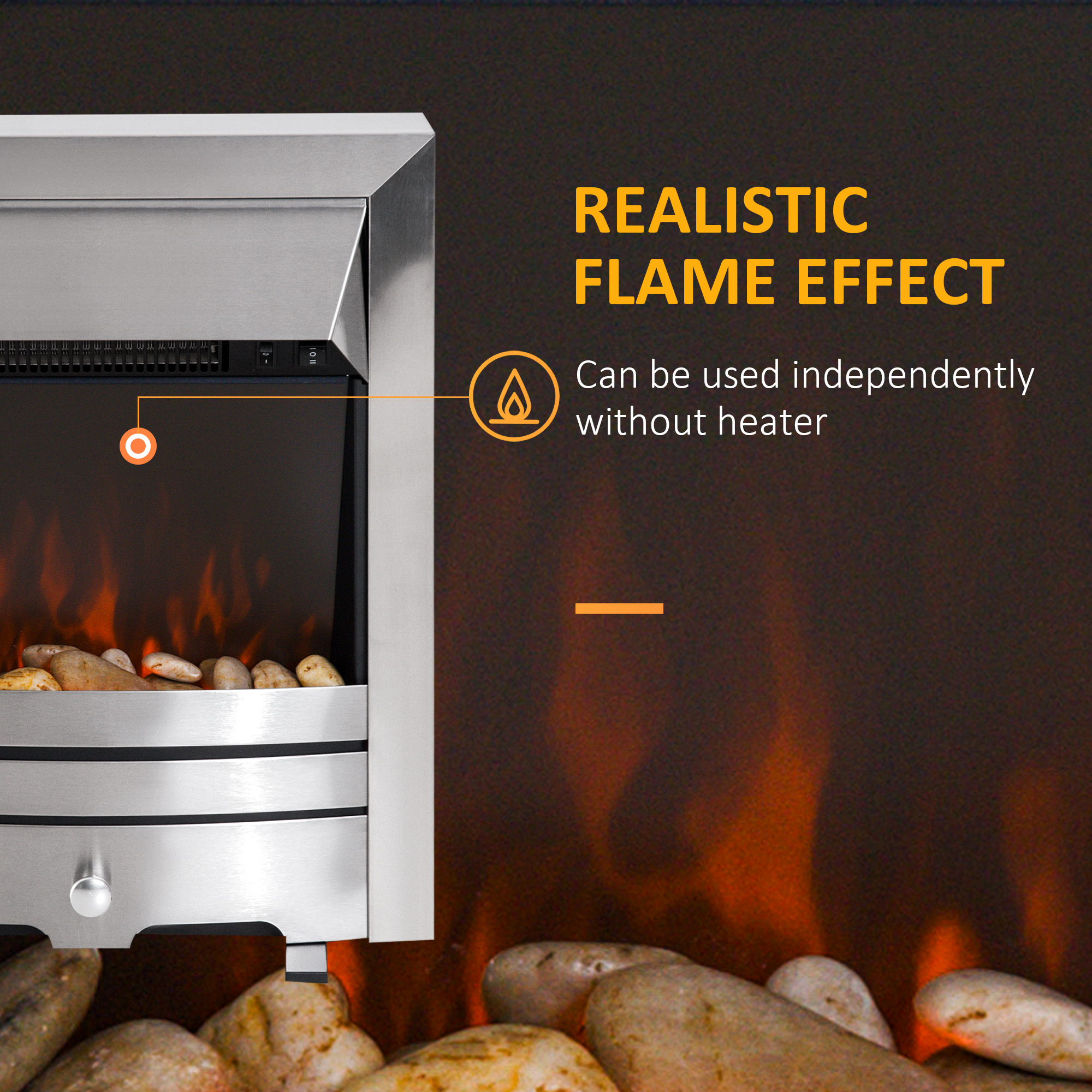 HOMCOM 2KW Stainless Steel Electric Fireplace Pebble Burning Effect Heater Fire Flame Indoor Stove LED Lighting 6