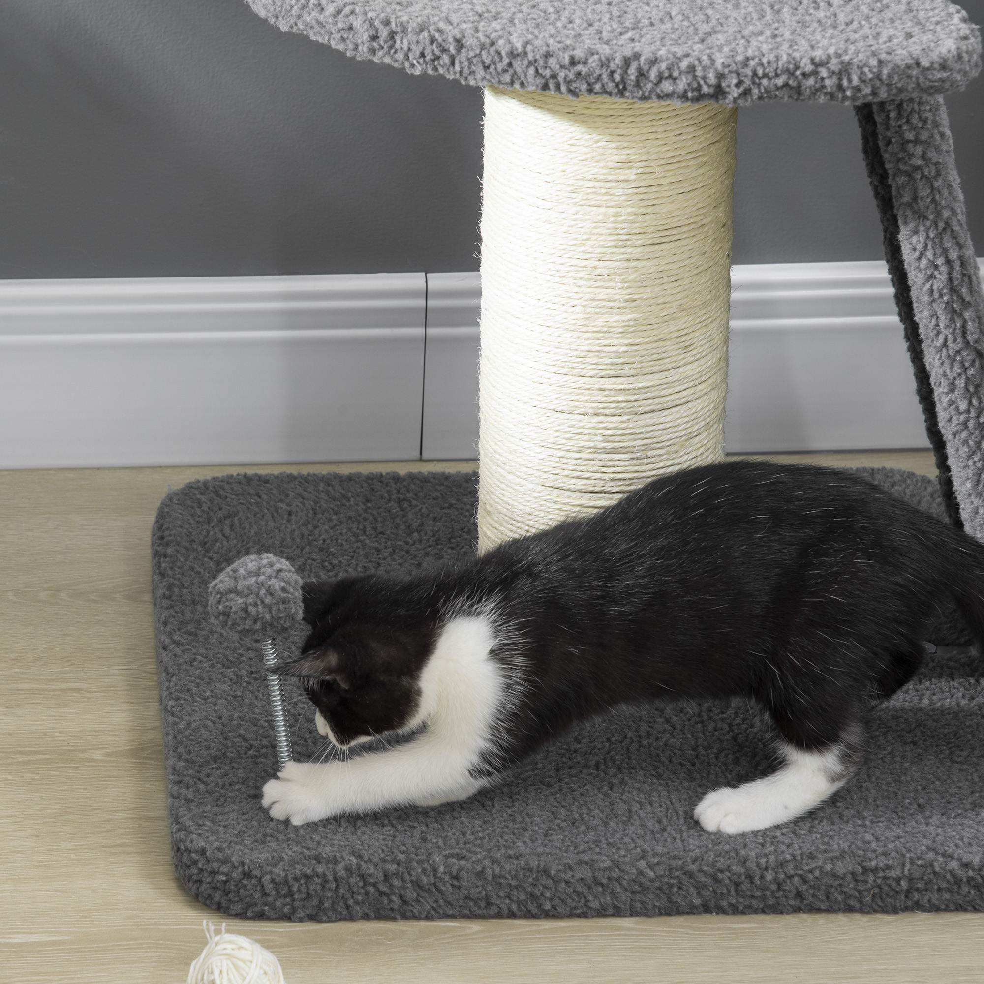 PawHut Cat Tree Tower with Scratching Posts, Pad, Bed, Toy Ball-Dark Grey 9